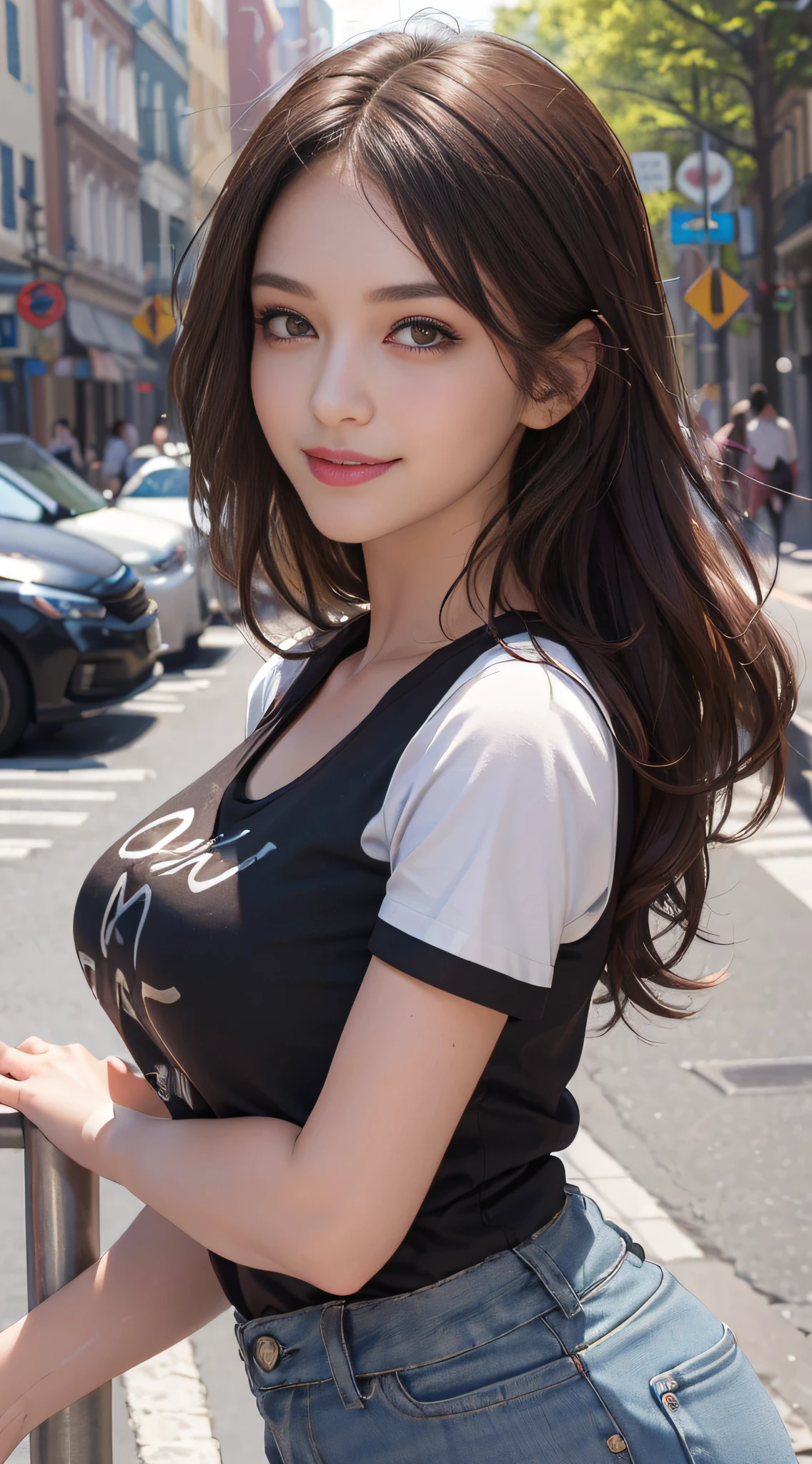 ((Best Quality, 8K, Masterpiece: 1.3)), 1 Girl, Smile, (((Bust Photo)), Slim Face, Beautiful Woman, (Dark Brown Hair), Short Sleeves T-Shirt , Ultra Detailed Face, Detailed Eyes, Double Eyelids, Blurred Background, Slim Face, City, Outside, Street,