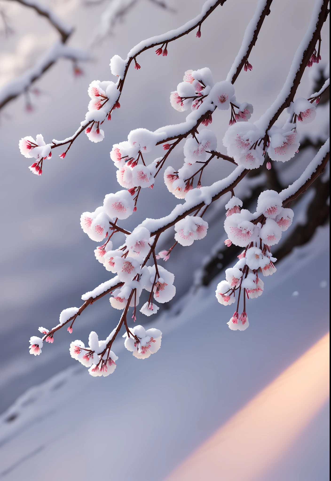 Plum blossoms, (masterpiece), snow, morning light, snow covered on plum blossoms, dreamy