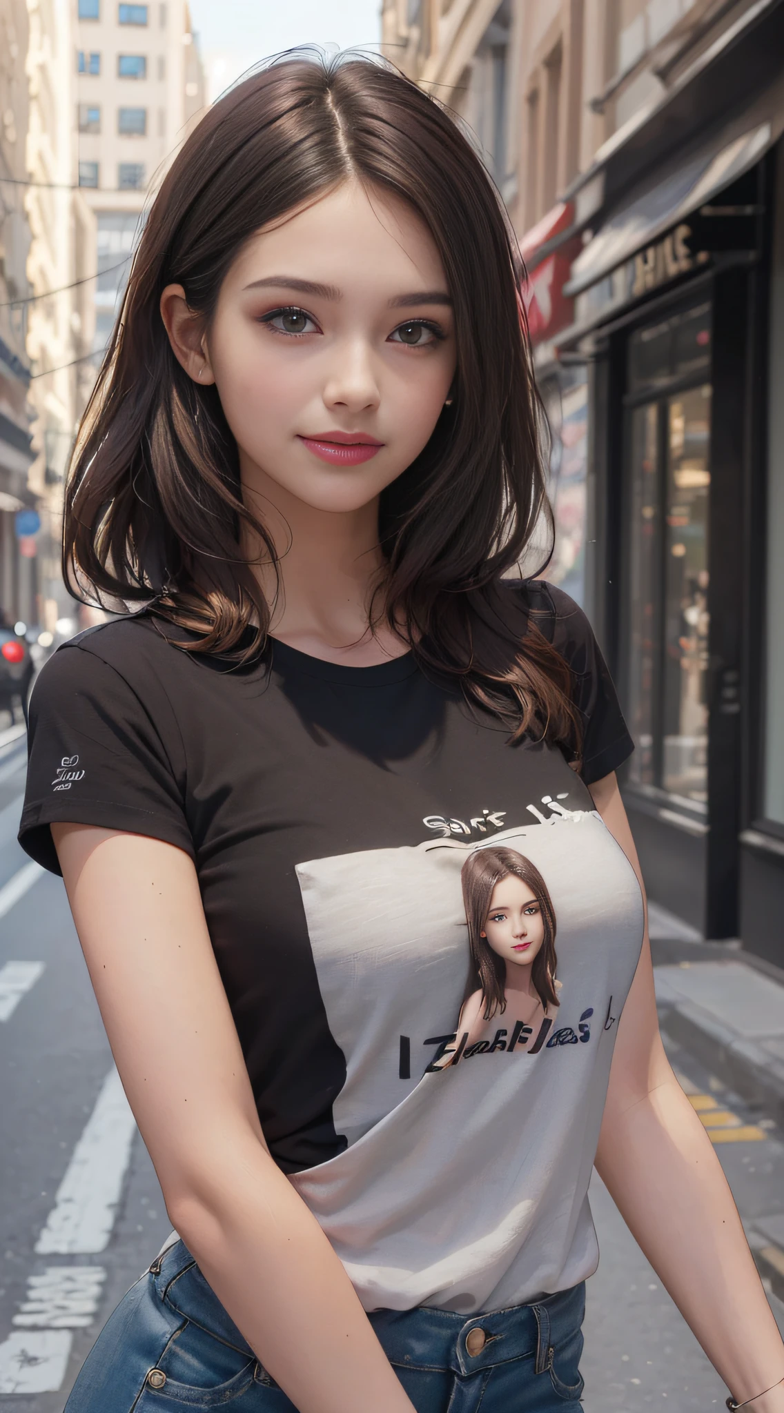 ((Best Quality, 8K, Masterpiece: 1.3)), 1 Girl, Smile, (((Bust Photo)), Slim Face, Beautiful Woman, (Dark Brown Hair), Short Sleeves T-Shirt , Ultra Detailed Face, Detailed Eyes, Double Eyelids, Blurred Background, Slim Face, City, Outside, Street,