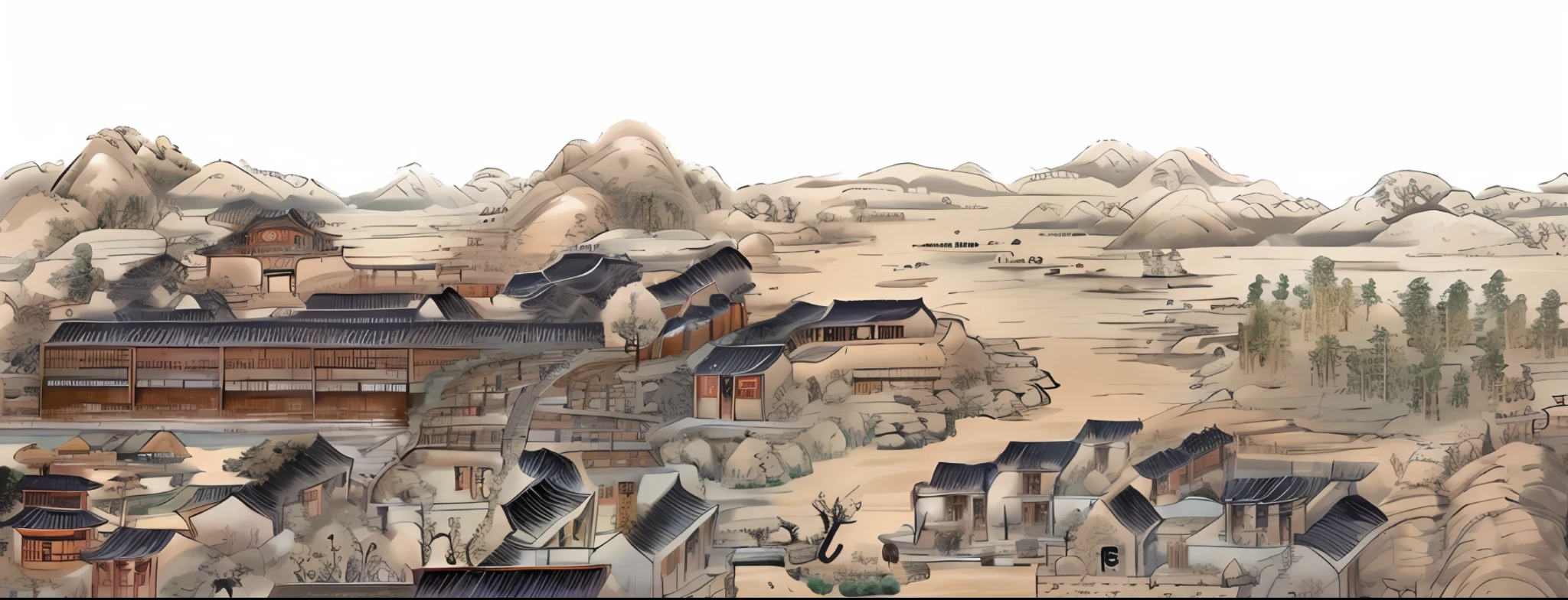 Paintings of Chinese villages, rivers and mountains form a magnificent backdrop, beautiful renderings of the Tang Dynasty, ancient city landscapes, Edo period Japanese landscapes, feudal Japanese environments, imaginative landscapes, rich Z.W.Gu style.