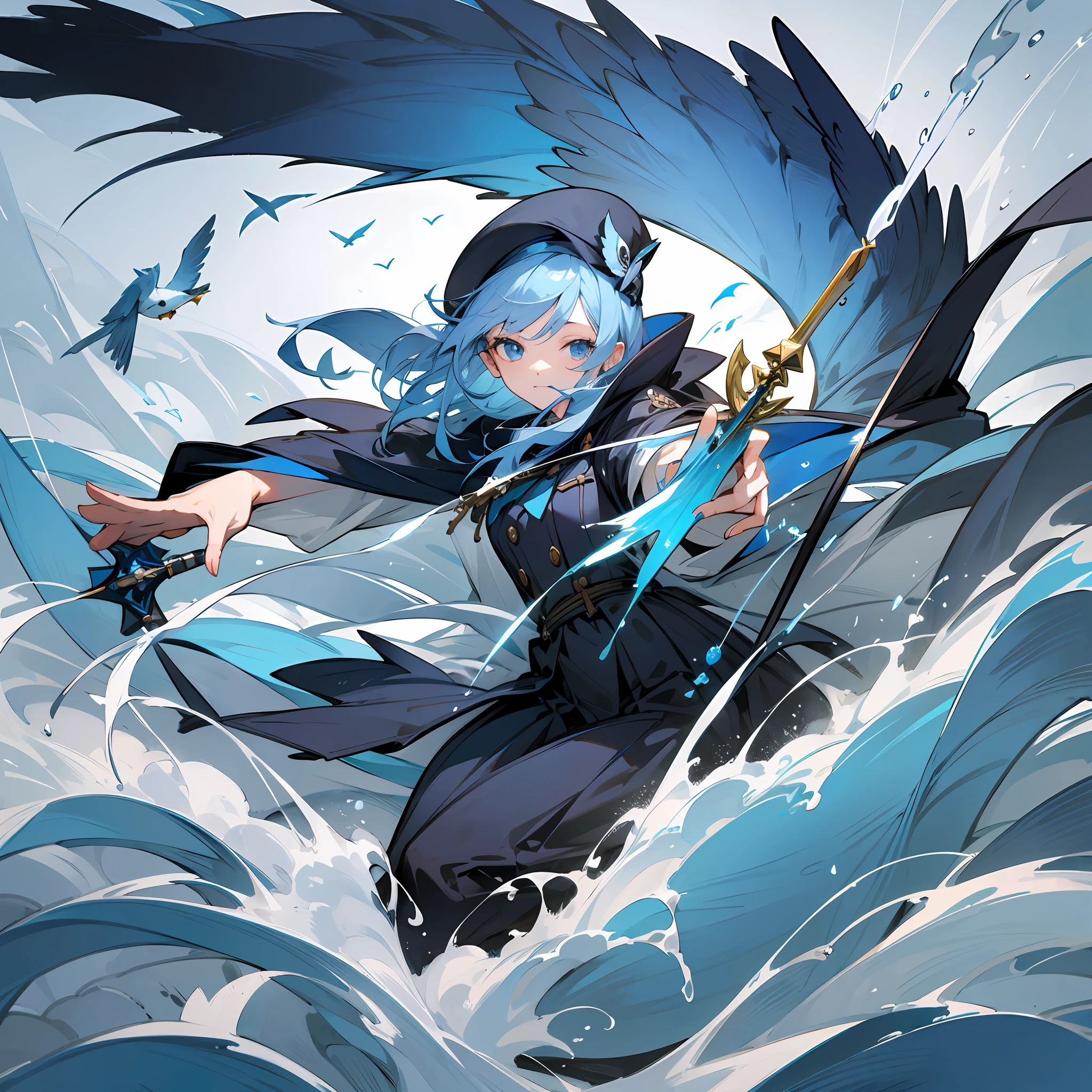 Blue seabirds on white background, seabirds with sharp eyes, rough seas, goddess holding wand to confront them --auto --s2