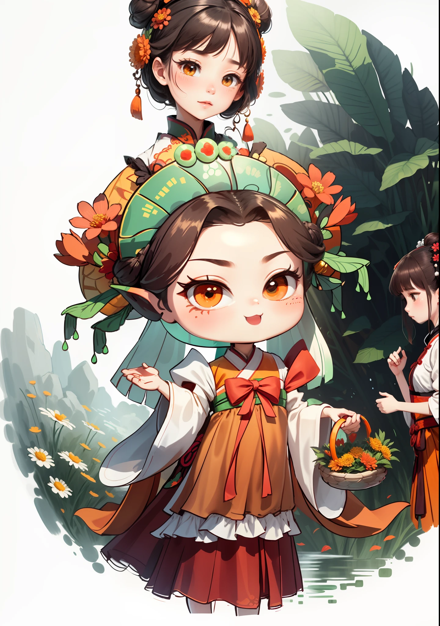 Cartoon girl holding a basket of flowers in her hand, chrysanthemum, vase, girl in Chinese-style costume, dark brown hair, ancient Chinese hair bun, water drop headdress, the other hand holds a bowl containing dew, orange-red bow, emerald colored skirt, white water hibiscus flowers on both sides of the hair, some metal flower headdress, the scene has two butterflies playing, the color block is clear, the color is bright, the color is bright, the line art, infinite details, fine painting, beautifully depicted, blank background 8k,