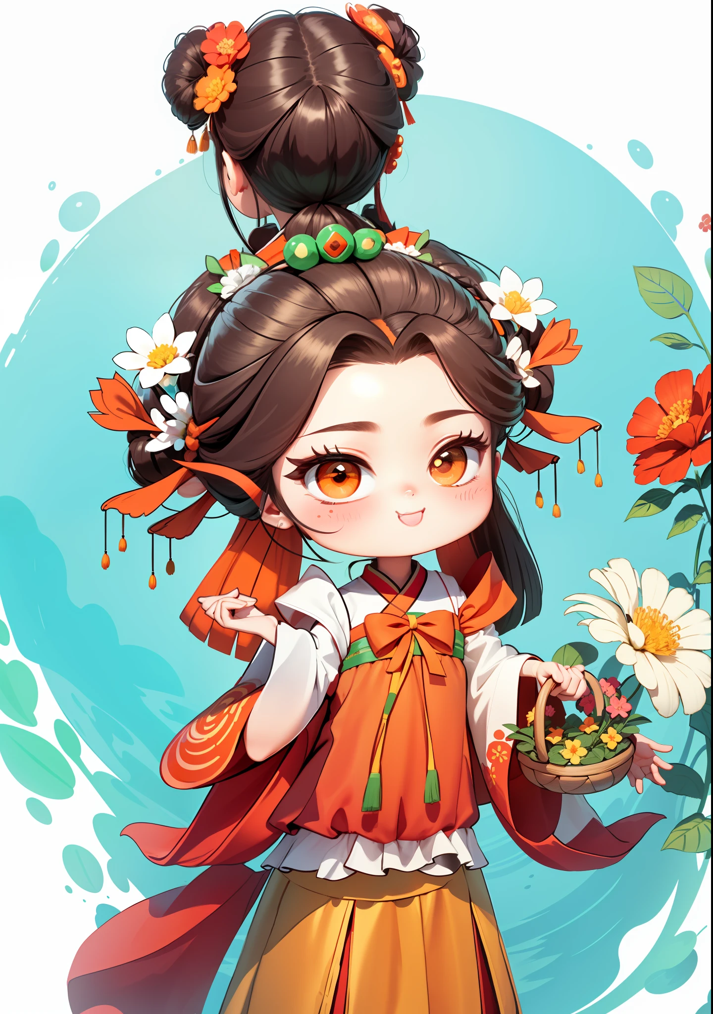 Cartoon girl holding a basket of flowers in her hand, girl in Chinese-style costume, dark brown hair, ancient Chinese bun, other hand holding a bowl containing dew, orange-red bow, emerald-colored skirt, white water hibiscus flowers on both sides of the hair, some metallic flower headdresses, the scene has two butterflies frolicking, the color blocks are bright, the colors are bright, the colors are bright, the line art, infinite details, fine painting, beautifully depicted, blank background 8k,