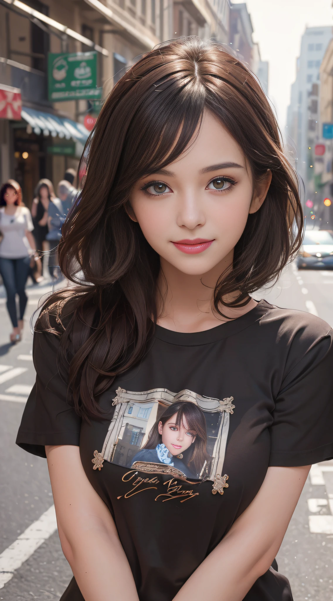 ((Best Quality, 8K, Masterpiece: 1.3)), 1 Girl, Smile, (((Bust Photo)), Slim Face, Beautiful Woman, (Dark Brown Hair), Short Sleeves T-Shirt , Ultra Detailed Face, Detailed Eyes, Double Eyelids, Blurred Background, Slim Face, City, Outside, Street,