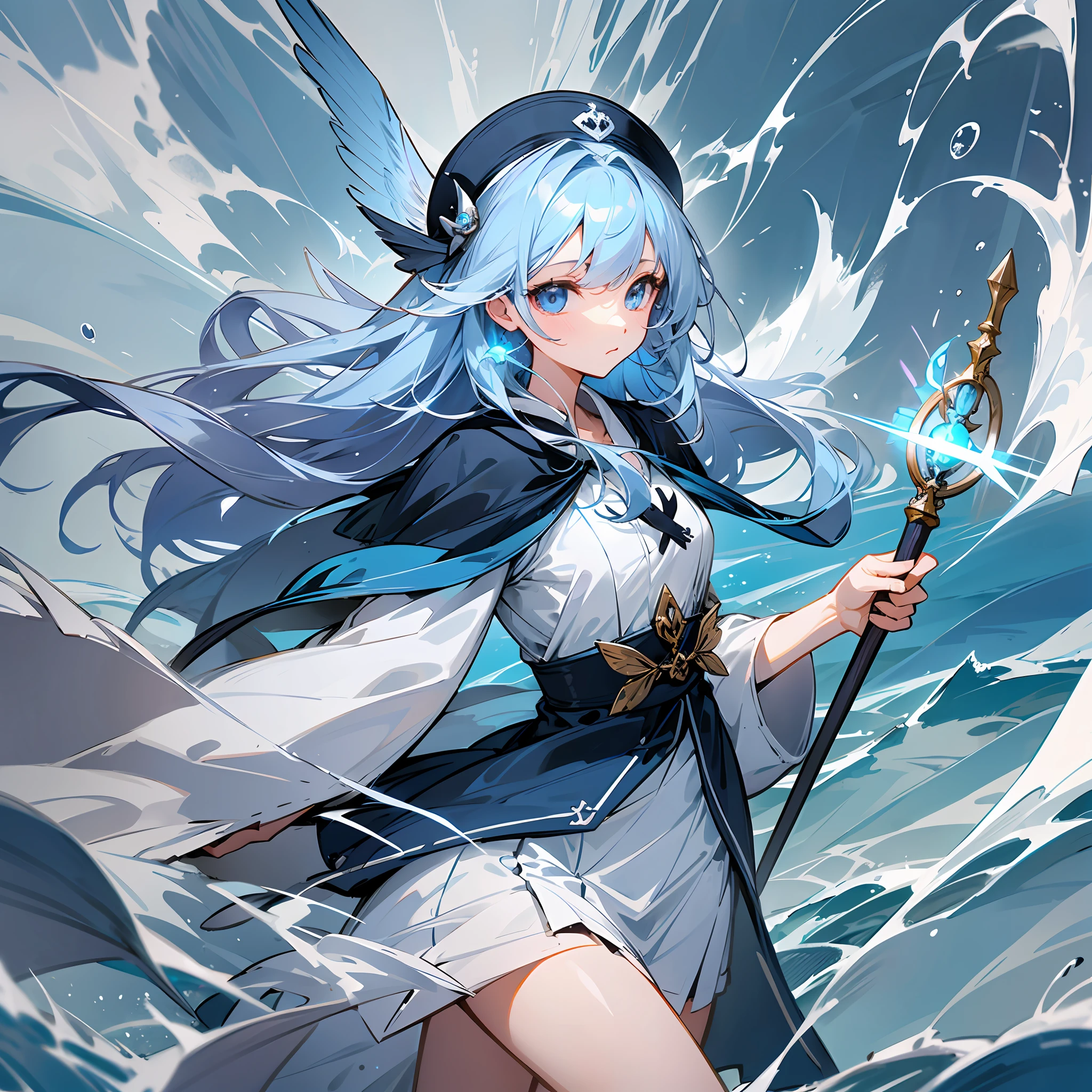 Blue seabirds on white background, seabirds with sharp eyes, rough seas, goddess holding wand to confront them --auto --s2