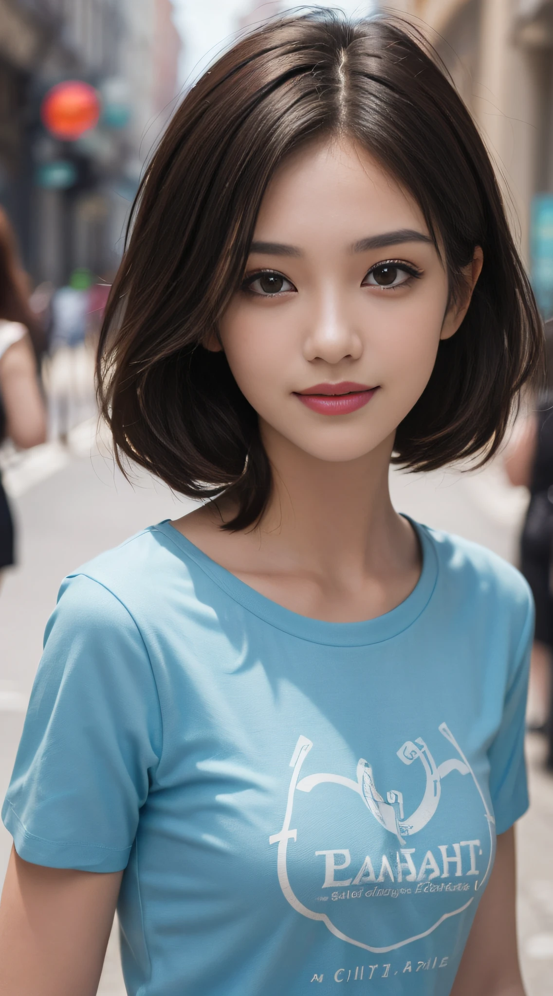 ((Best Quality, 8K, Masterpiece: 1.3)), 1 Girl, Smile, (((Bust Photo)), Slim Face, Beautiful Woman, (Dark Brown Hair), Short Sleeves T-Shirt , Ultra Detailed Face, Detailed Eyes, Double Eyelids, Blurred Background, Slim Face, City, Outside, Street,