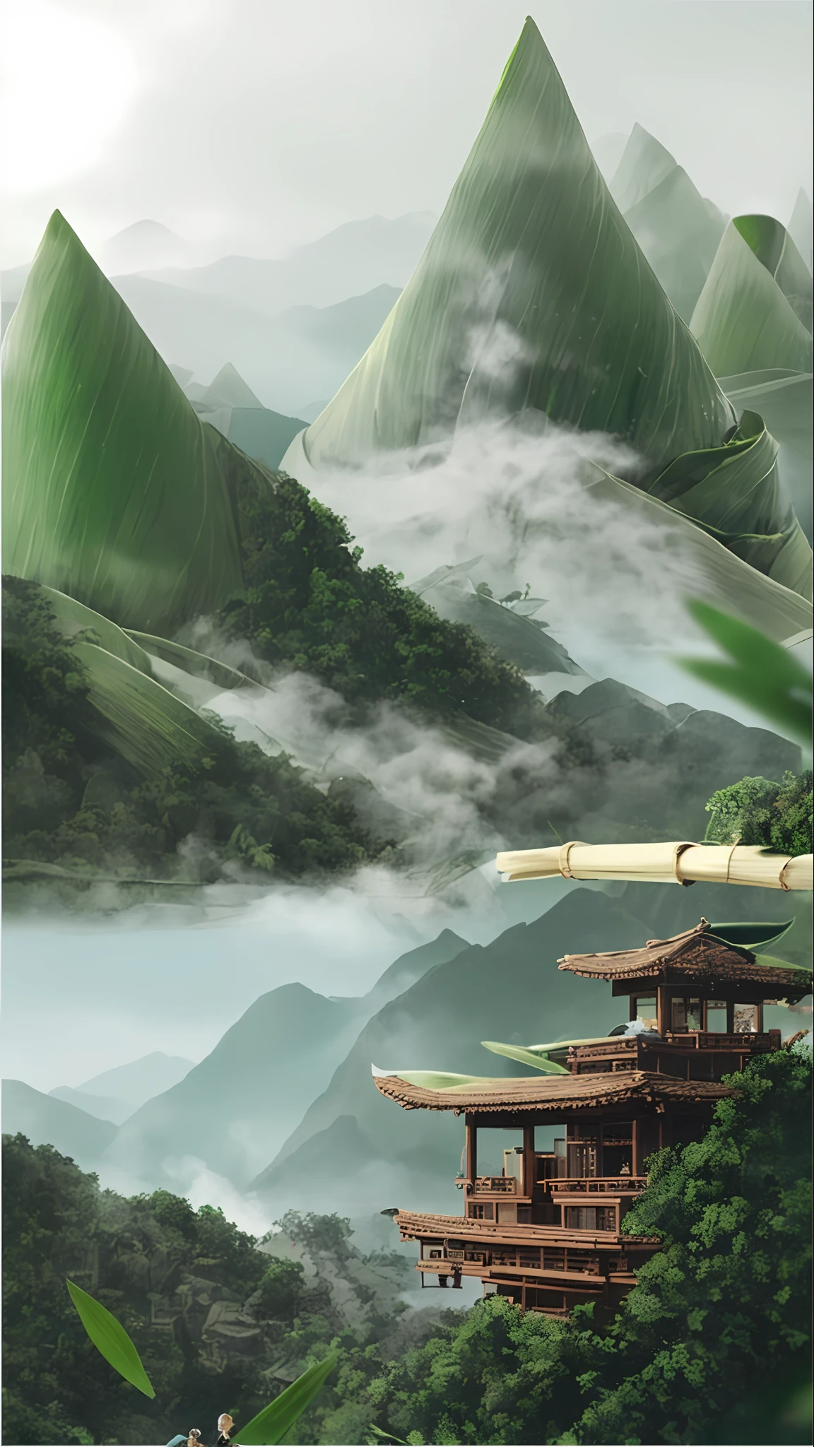 (Highly detailed), (16k:1.5), (Intricate Detail), zongzi, mountain, smoke, landscape, organic matte painting, bamboo, mobile wallpaper, by Yu Zhiding, movie promotional pictures, jack and beans, key art, beautiful 3D concept art, vertical wallpaper, poster illustration, 3d rendering and matte painting