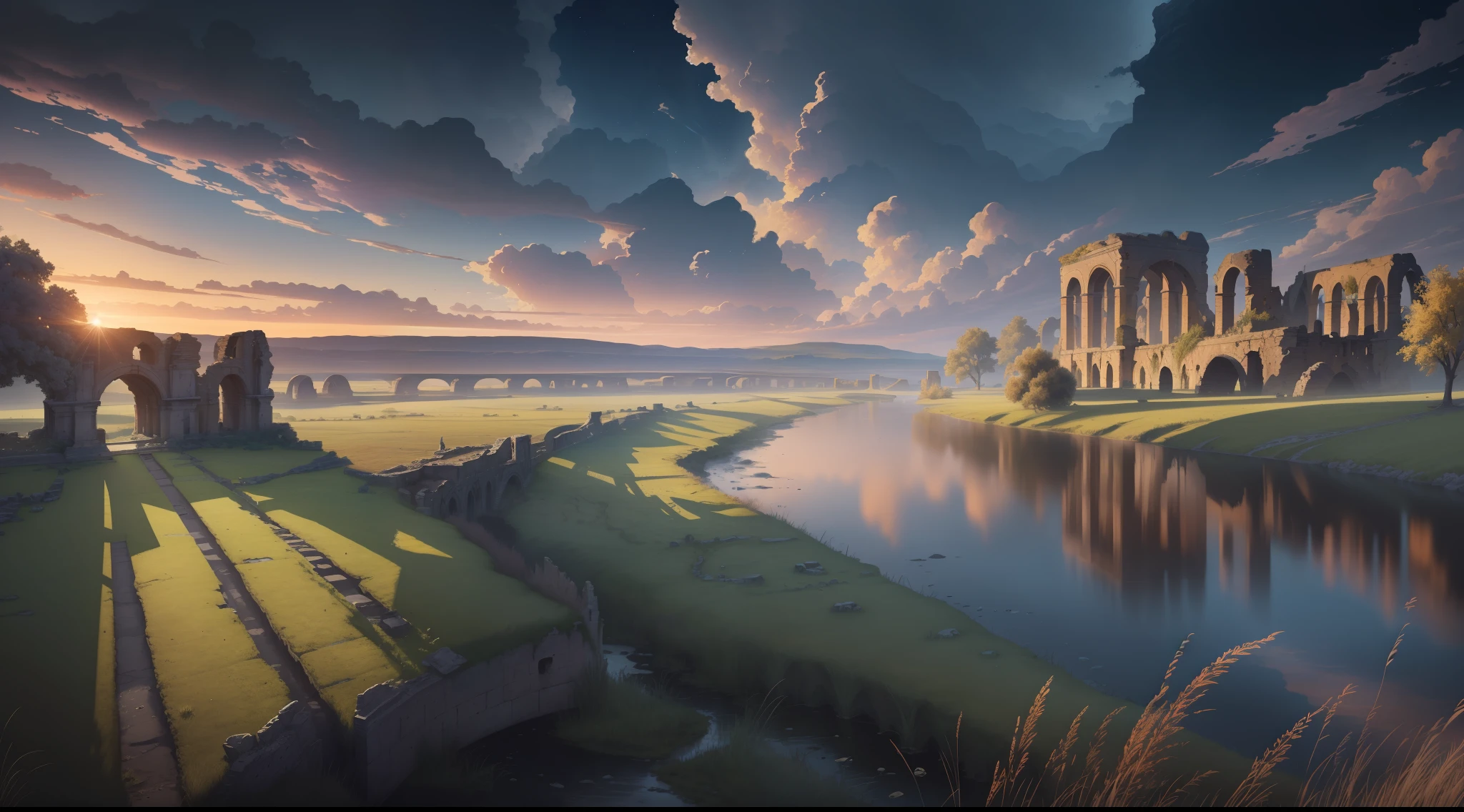 "A breathtaking (masterpiece) depicting a stunning (landscape) of a (river) with a magnificent view of (ruins) and a vast expanse of (grass), all set against the backdrop of a (war) ravaged land shrouded in a (night)time veil. Its (best quality) and breathtaking art style will leave you spellbound!", UHD, super detail, high details, highres, best quality