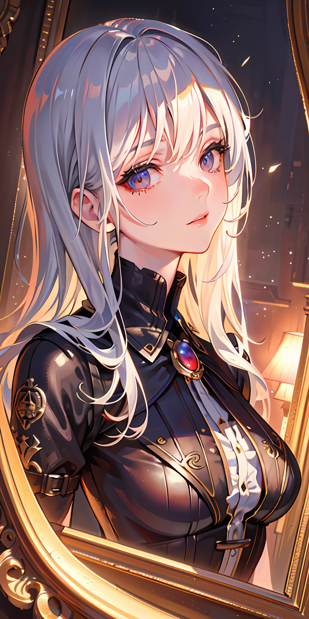 (Masterpiece, Sidelighting, Finely Detailed Beautiful Eyes: 1.2), (Masterpiece*Portrait), Portrait, (Bust), Realistic, 3D Face, Lusious Skin, ((Solo)), (Close-up of Face), Scarlet Eyes, Hanging Corners, (Highly Detailed Skin, Visible Pores)), (Slim Body) , a beautiful steampunk girl with small breasts, business suit