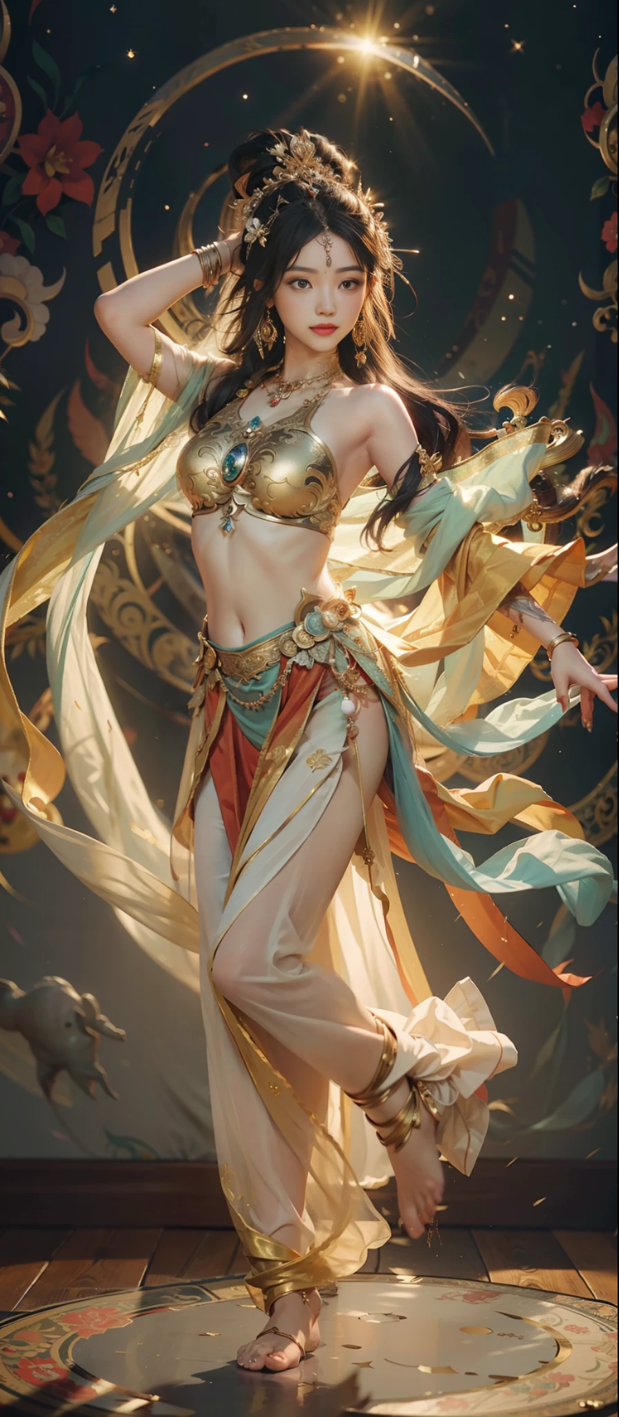 Dunhuang style, 1girle, shoulders, navel, flying fairy, Dunhuang mural in background, dancing, black hair, very long hair, hair accessories, ribbons, earrings, gold jewelry, hair bubbles, copper bells, red clothes, flowers on the head, gradient eyes, smile, barefoot, no shoes, full body portrait, surrealism, high detail, romanticism, cinematic lighting, glitter, reflected light, masterpiece, super detail, textured skin, anatomically correct, high detail, best quality, high quality, award-winning, 8K