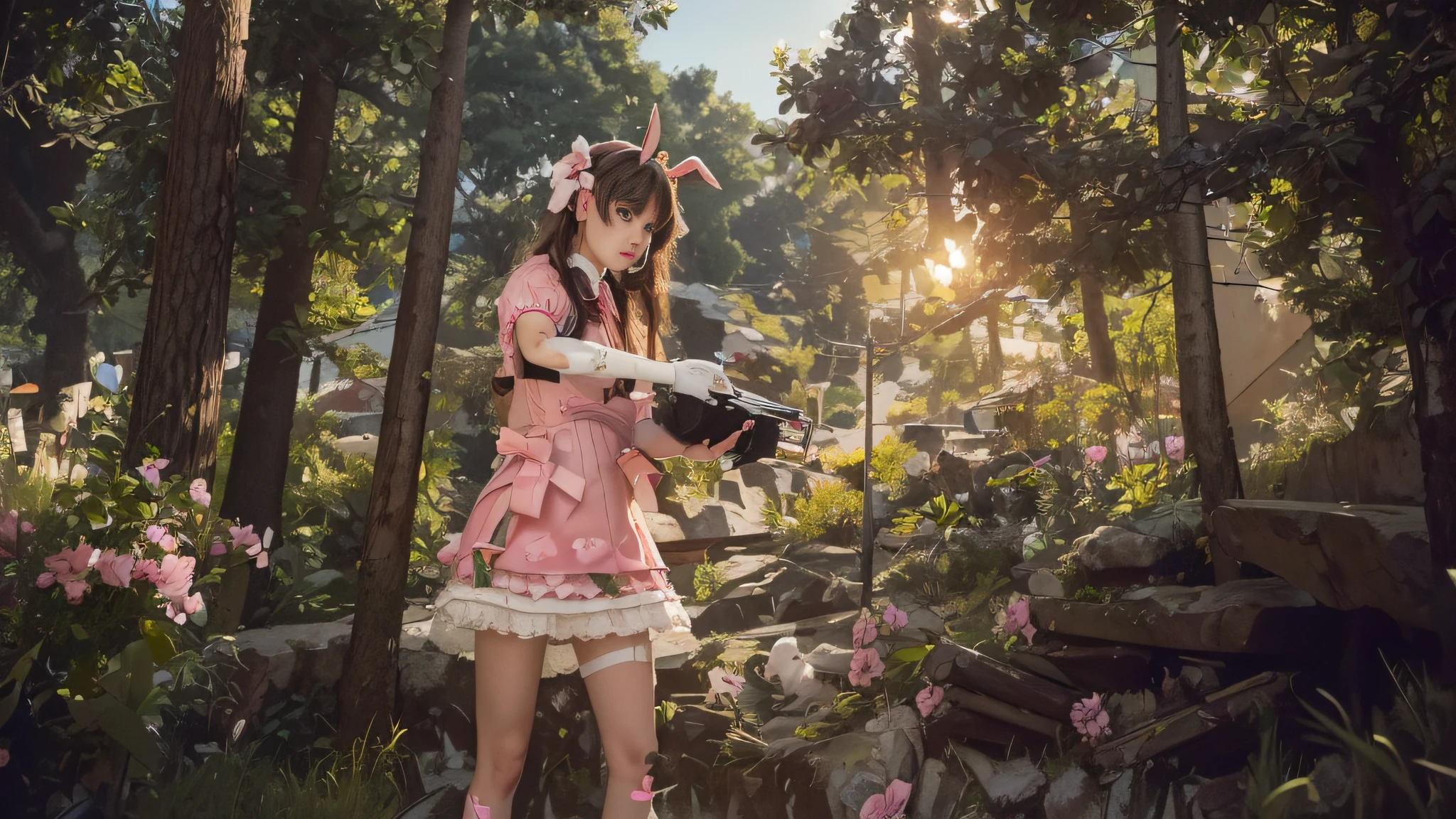 1girl, a ta girl, rabbit ears hairpin, pink skirt,, collecting a bouquet of flowers, upper body, close-up, 8k, RAW photo, best quality, masterpiece, realism, realism, split bangs, long hair,