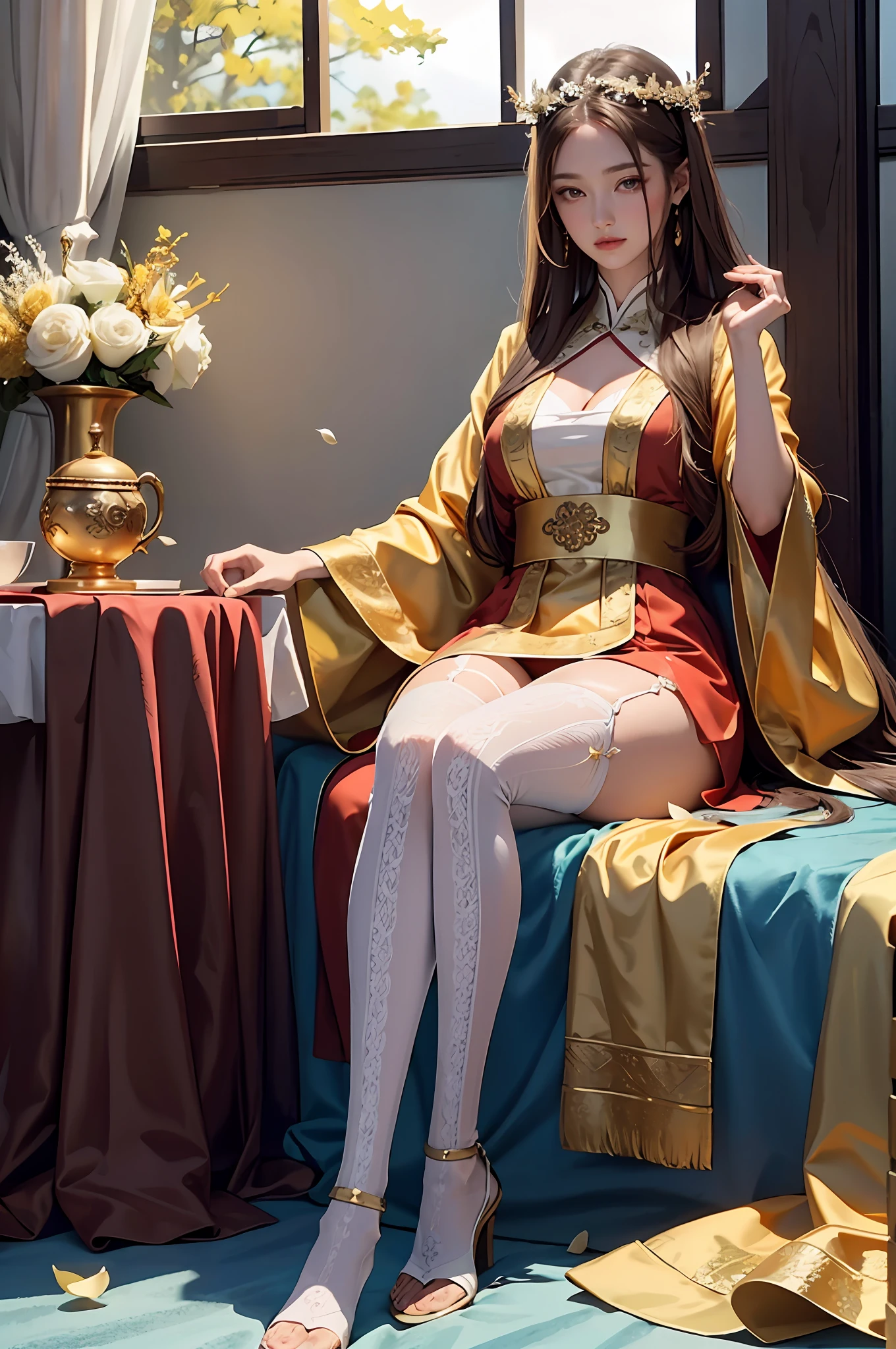Superb Quality, Masterpiece, High Resolution, (Exquisite Body: 1.5), (Superb Beauty: 1.5), (Milky Skin: 1.3), Delicate Details, High Resolution, Wallpaper, 1 Female, Solo, Dress, Hair Accessories, (((Golden Red Dress)) ), Flower, Long Hair, Brown Hair, Shut Up, Accessories, Long Sleeves, Raised Hands, Wide Sleeves, Big Eyes, Flowing Hair, Hanfu, Hanfu, Embroidery, Long Dress, Natural Pose, Falling Petals, Indoor, Fanning, Lantern, 16K, HDR, High Resolution, Depth of Field, (Film grain: 1.1), Bocon, Primetime, (lens flare), vignette, rainbow, (color palette: 1.5), elegant heels, delicate anklet, (white suspender stockings: 1.5), (delicate hands: 1.6), details, high slit, (cleavage: 1.5), clear five fingers
