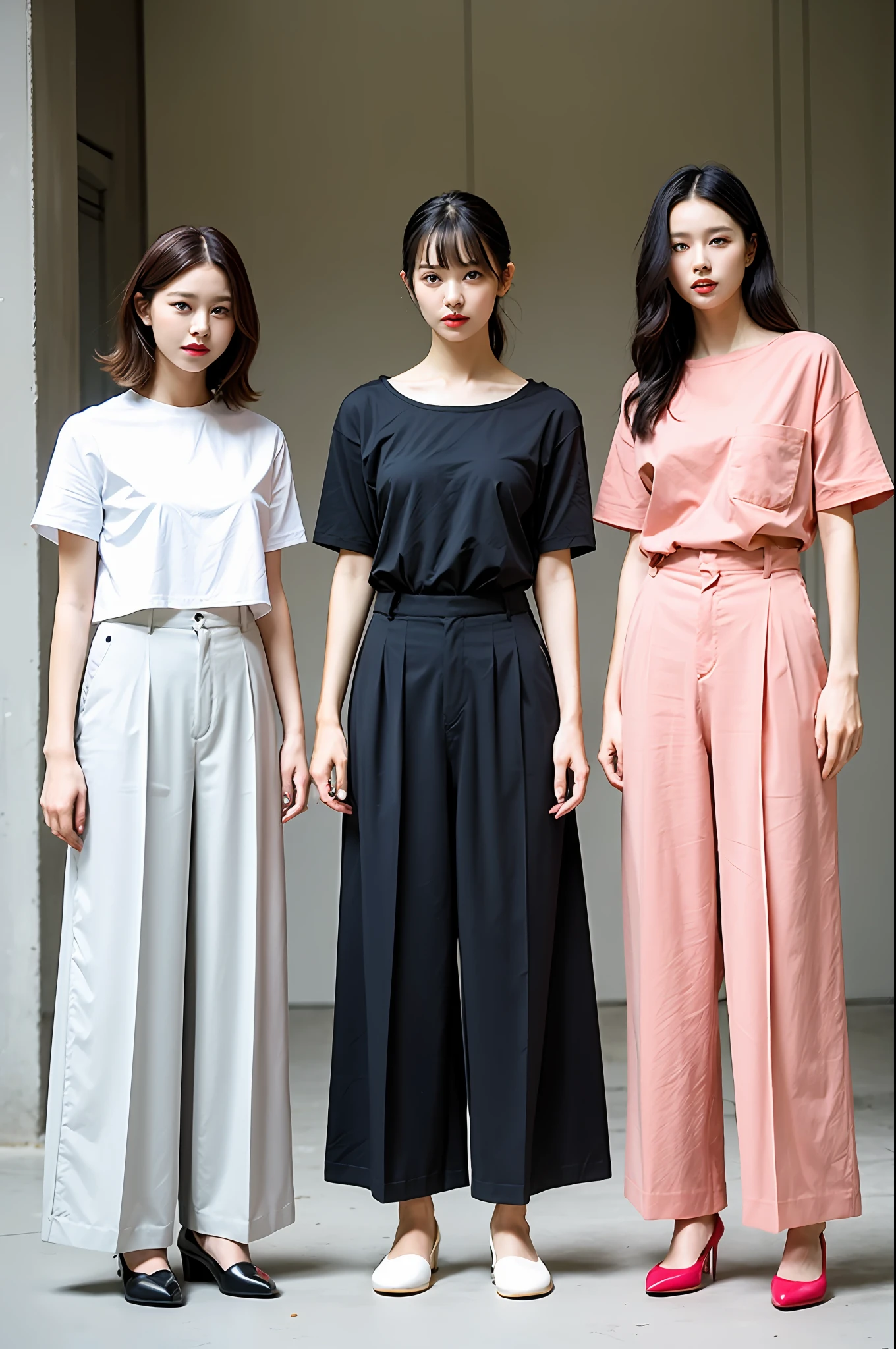 Loose short-sleeved shirt, floor-length trousers, and flat shoes.