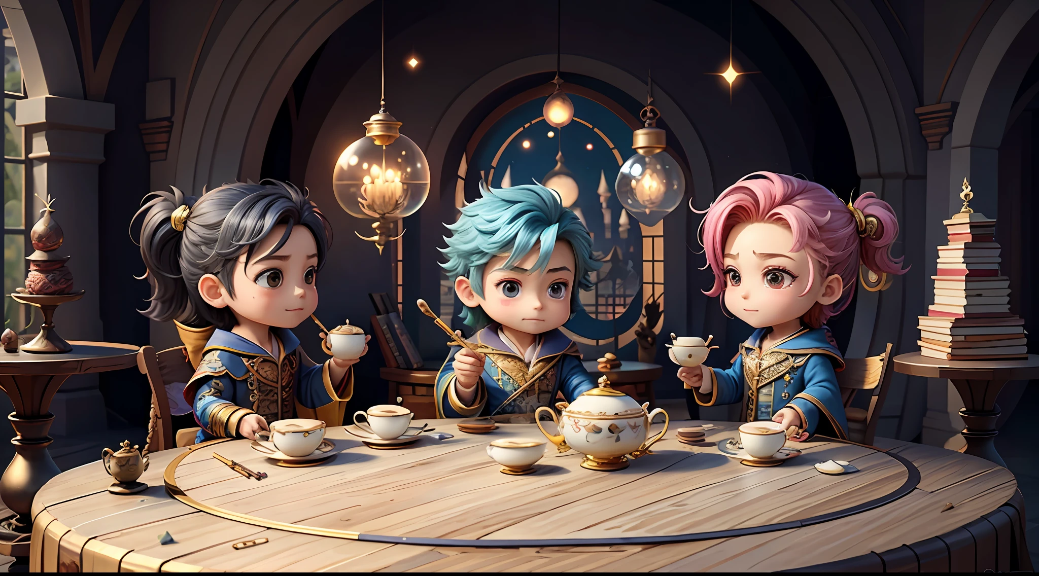 Masterpiece, best quality, chibi, wizard tea , handsome male witch, beautiful witch, happy, vibrant, colorful