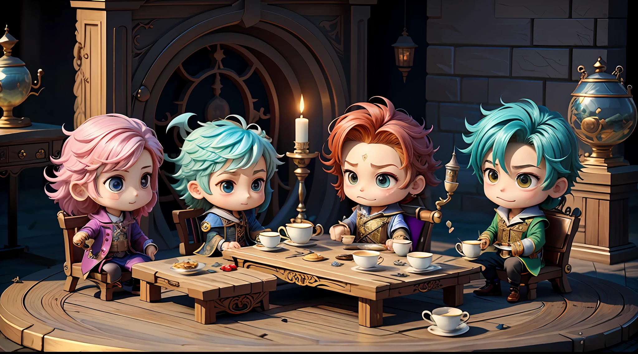 Masterpiece, best quality, chibi, wizard tea party, handsome male witch, beautiful witch, happy, vibrant, colorful