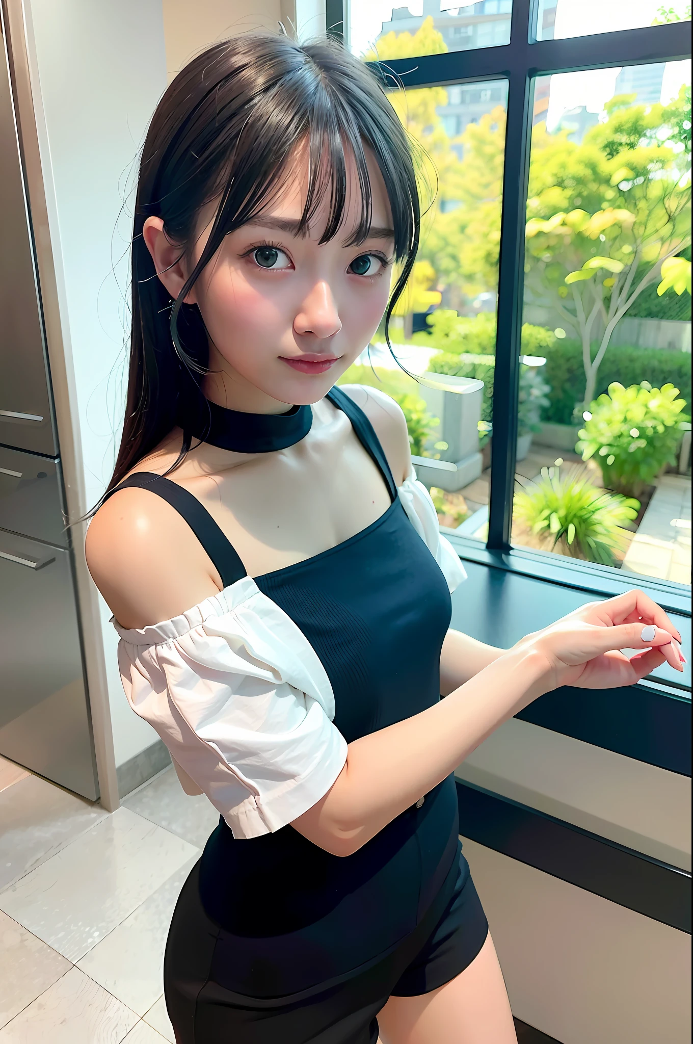 Top Quality, Ultra High Definition, (Photorealistic: 1.4), 1 girl, off-the-shoulder white shirt, black tight skirt, black choker, (faded ash-gray hair: 1), look at viewer, close-up, slender legs, small breasts, shorts, dazzling light, 16 years old