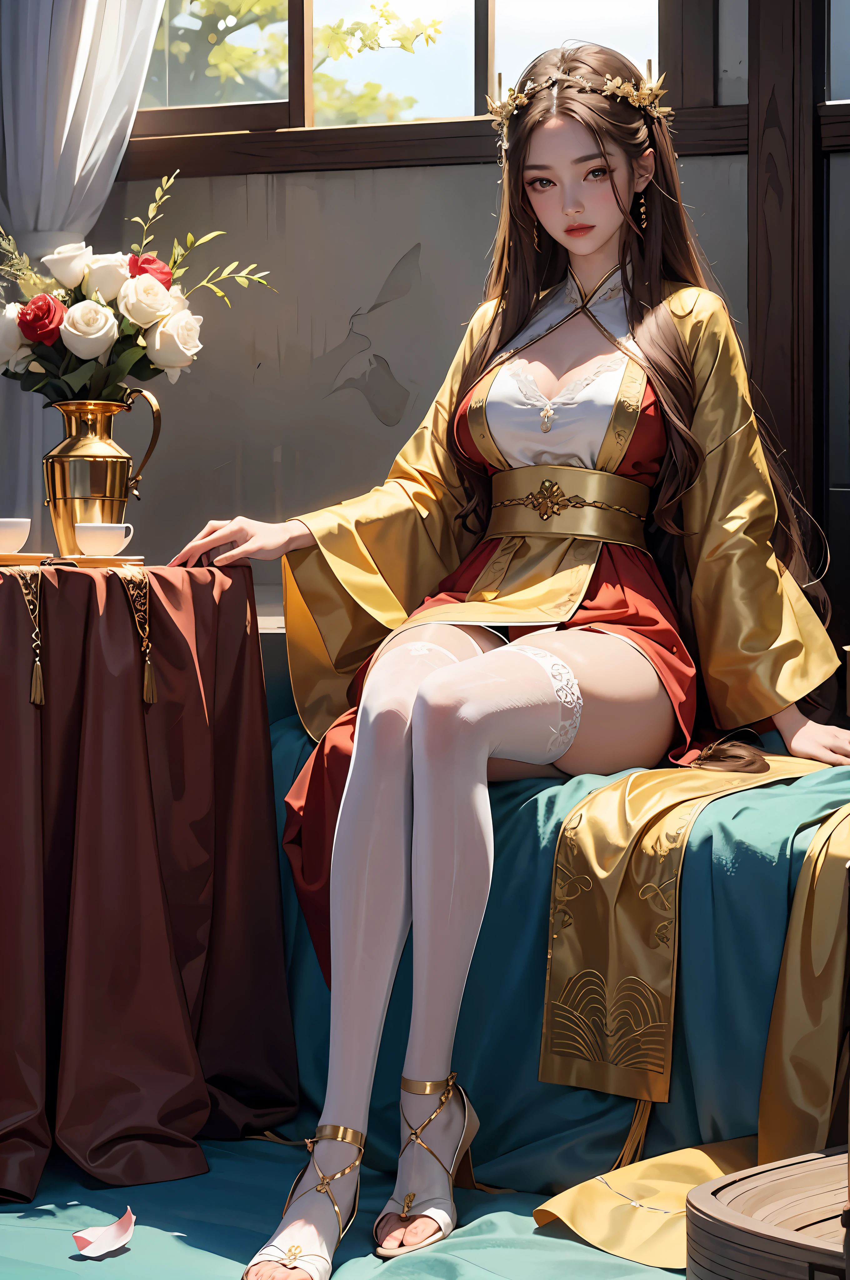 Superb Quality, Masterpiece, High Resolution, (Exquisite Body: 1.5), (Superb Beauty: 1.5), (Milky Skin: 1.3), Delicate Details, High Resolution, Wallpaper, 1 Female, Solo, Dress, Hair Accessories, (((Golden Red Dress)) ), Flower, Long Hair, Brown Hair, Shut Up, Accessories, Long Sleeves, Raised Hands, Wide Sleeves, Big Eyes, Flowing Hair, Hanfu, Hanfu, Embroidery, Long Dress, Natural Pose, Falling Petals, Indoor, Fanning, Lantern, 16K, HDR, High Resolution, Depth of Field, (Film grain: 1.1), Bocon, Primetime, (lens flare), vignette, rainbow, (color palette: 1.5), elegant heels, delicate anklet, (white suspender stockings: 1.5), (delicate hands: 1.6), details, high slit, (cleavage: 1.5), clear five fingers