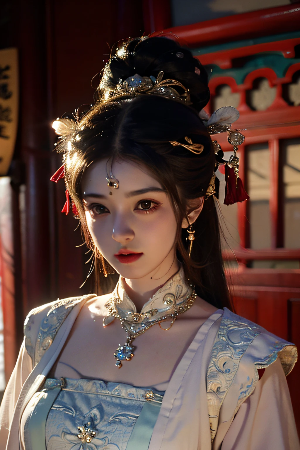 best quality, masterpiece, highres, 1girl,china dress,hair ornament,necklace,
jewelry,Beautiful face,upon_body, tyndall effect,photorealistic, dark studio,
rim lighting, two tone lighting,(high detailed skin:1.2), 8k uhd, dslr, soft lighting,
high quality, volumetric lighting, candid, Photograph, high resolution, 4k, 8k, Bokeh,
.building,