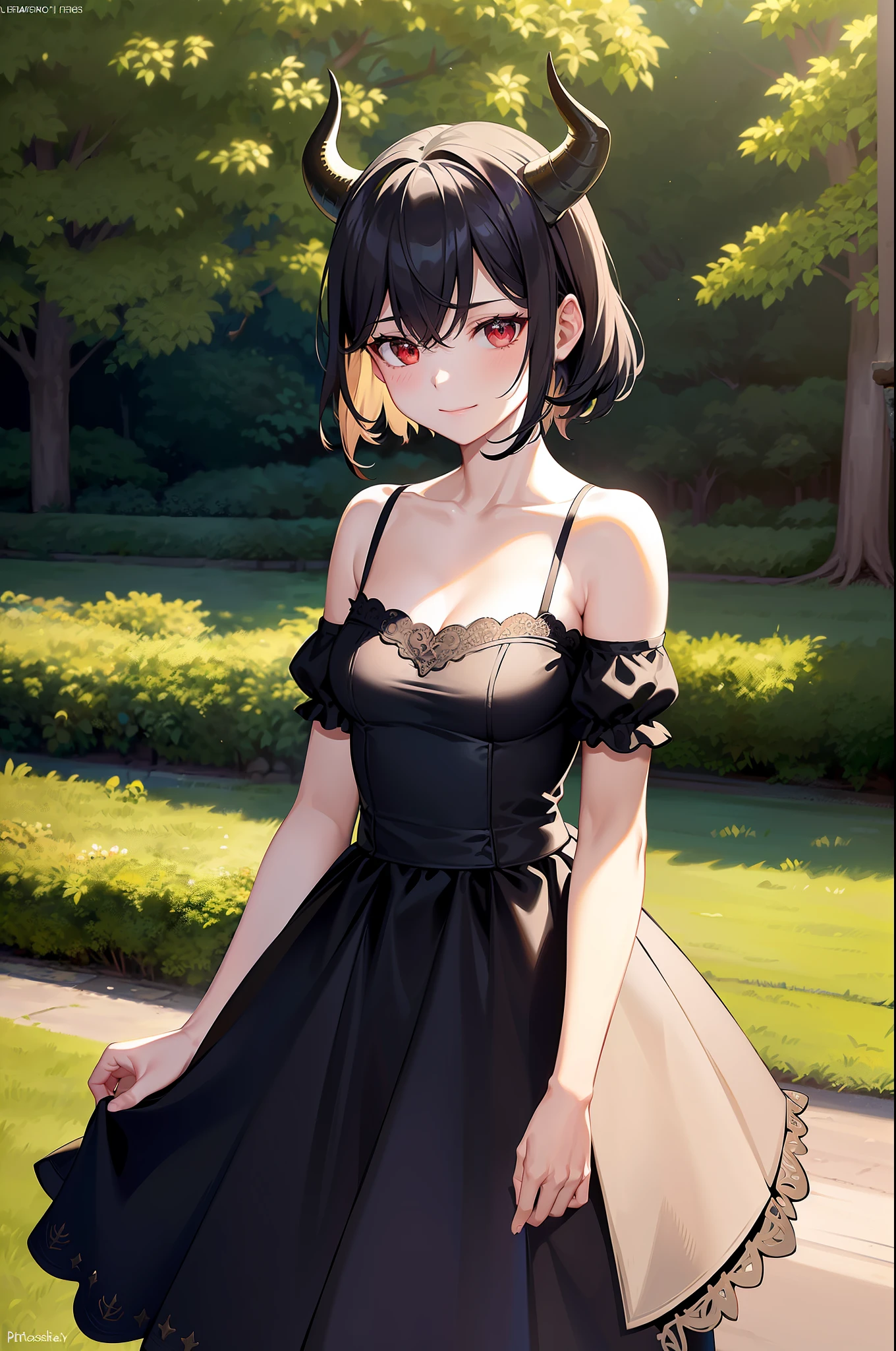 ultra realistic 8k cg, masterpiece, ((ultra detailed background, delicate pattern, intricate detail)), (highly detailed, fine details), best quality, 1girl, (photorealistic:1.4), beautiful lighting, RAW photo, film grain, ((medium breasts, slim girl)), Baccarat, Nero, 1girl, short hair, solo, horns, black hair, red eyes, dress, black dress, collarbone, closed mouth, bare shoulders, (demon horns), hair between eyes, cleavage, (complex detailed background, outside, nature environment, trees, sunny, blue sky, sky, cowboy shot, small breasts, slim girl), small horn, maid, (maid dress), meidofuku, cafe, smile, happy face,