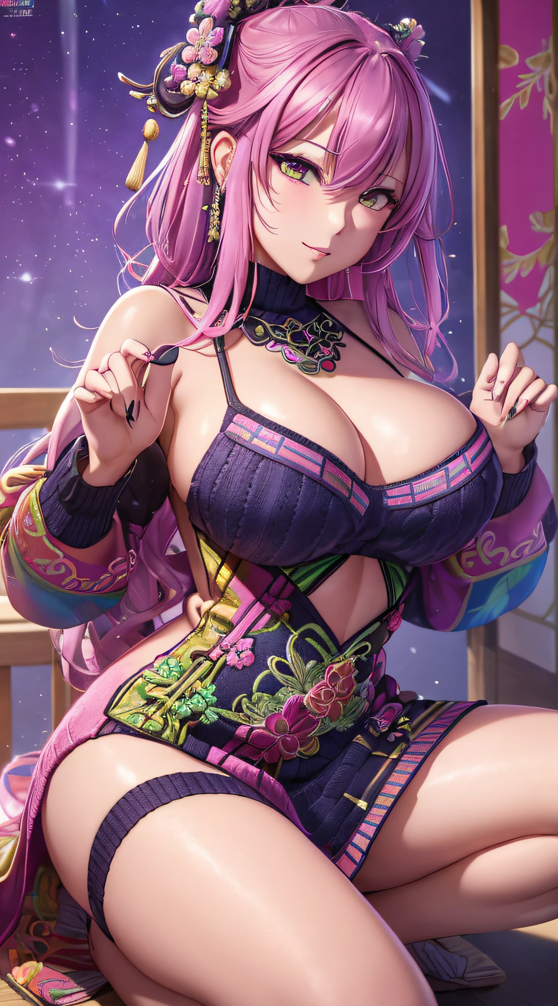 nighttime,long shot,Genshin Impact:Yae Miko,Squatting,(((Wearing vibrant rainbow color scheme art, Suzhou embroidery technology; knitted sweater hole dress))),Masterpiece,best quality,official art,extremely detailed 3DCG unity 8k, ( ##tattoo ##,tattoo, ~+ tattoo), (erfect female curves, huge stacked breast and proud cleavage),(A seductive gaze), Facing the camera, Pink lips,Delicate fingers and hands,magic hour, Rembrandt lighting, front lighting and fill lighting, hard shadow, Arnold render,