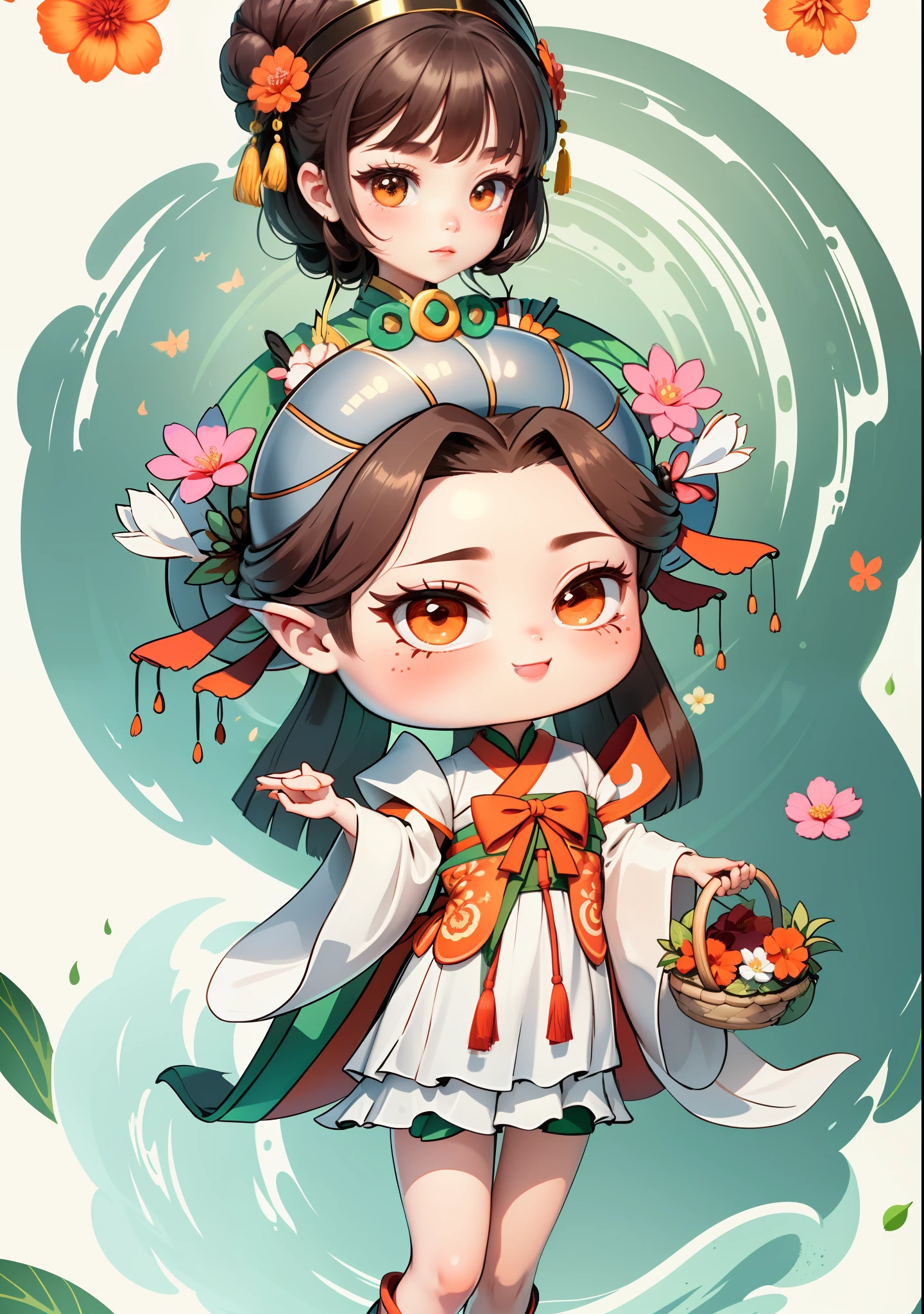 Cartoon girl holding a basket of flowers in her hand, girl in Chinese-style costume, dark brown hair, ancient Chinese bun, other hand holding a bowl containing dew, orange-red bow, emerald-colored skirt, white water hibiscus flowers on both sides of the hair, some metallic flower headdresses, the scene has two butterflies frolicking, the color blocks are bright, the colors are bright, the colors are bright, the line art, infinite details, fine painting, beautifully depicted, blank background 8k,