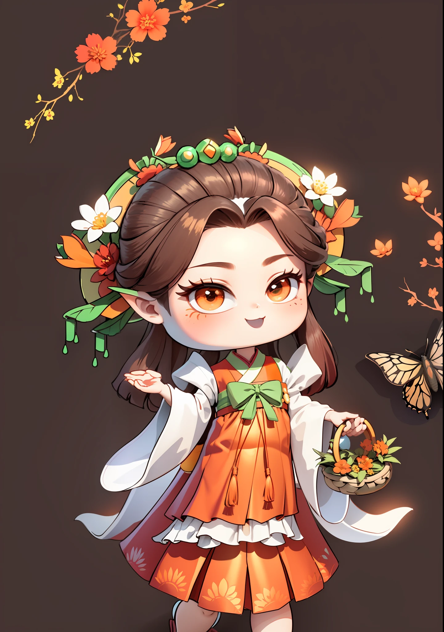 Cartoon girl holding a basket of flowers in her hand, girl in Chinese-style costume, dark brown hair, ancient Chinese bun, other hand holding a bowl containing dew, orange-red bow, emerald-colored skirt, white water hibiscus flowers on both sides of the hair, some metallic flower headdresses, the scene has two butterflies frolicking, the color blocks are bright, the colors are bright, the colors are bright, the line art, infinite details, fine painting, beautifully depicted, blank background 8k,