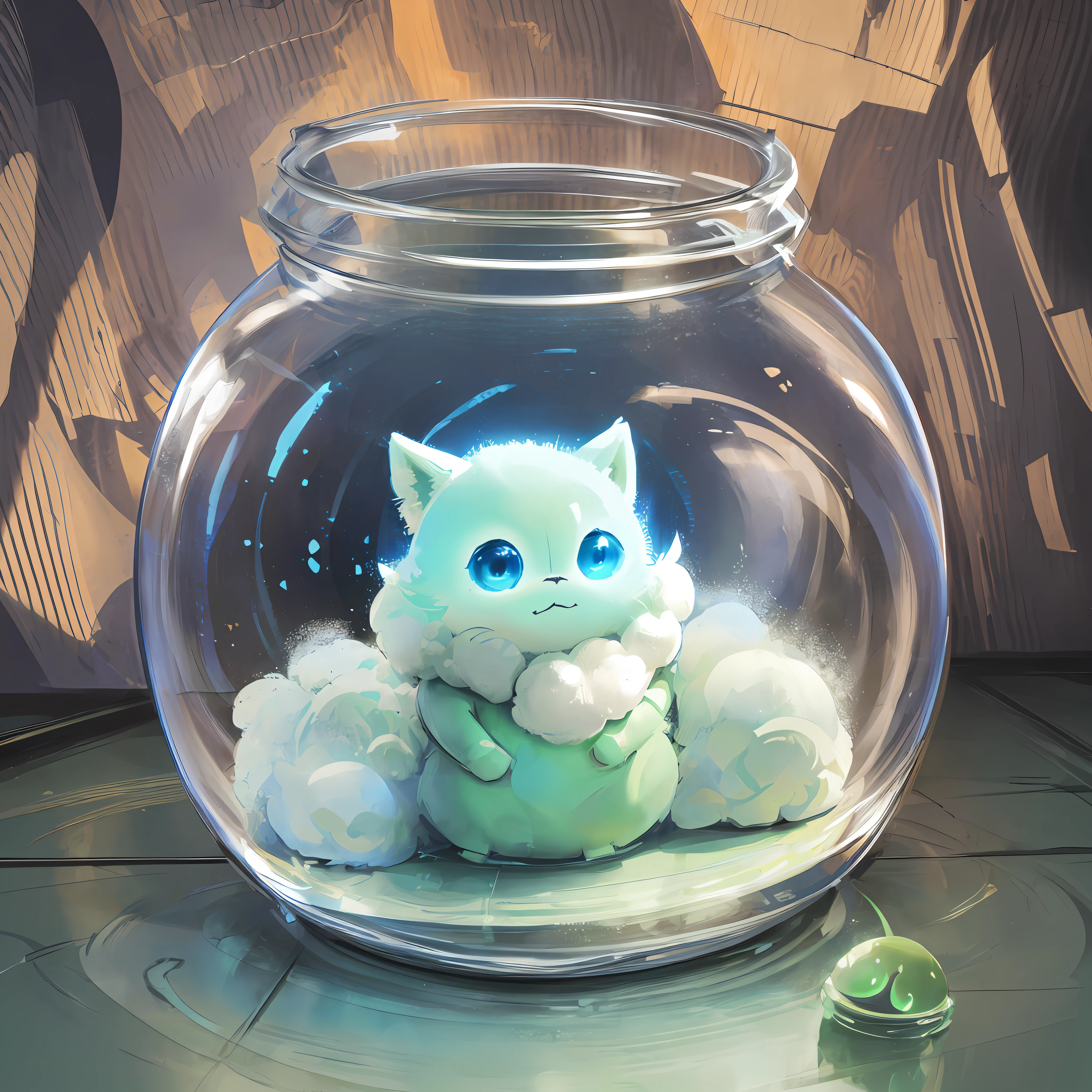 (enclosed scifi jar:1.1, adorable fluffy alien creature:1.2)