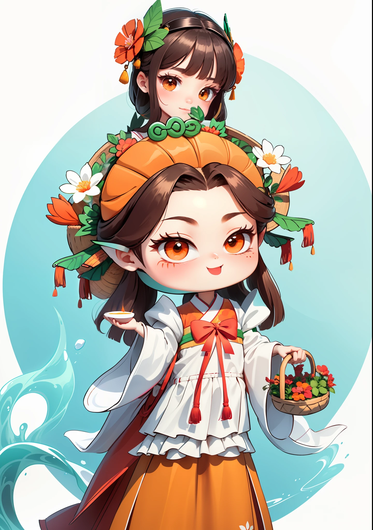 Cartoon girl holding a basket of flowers in her hand, girl in Chinese-style costume, dark brown hair, ancient Chinese bun, other hand holding a bowl containing dew, orange-red bow, emerald-colored skirt, white water hibiscus flowers on both sides of the hair, some metallic flower headdresses, the scene has two butterflies frolicking, the color blocks are bright, the colors are bright, the colors are bright, the line art, infinite details, fine painting, beautifully depicted, blank background 8k,