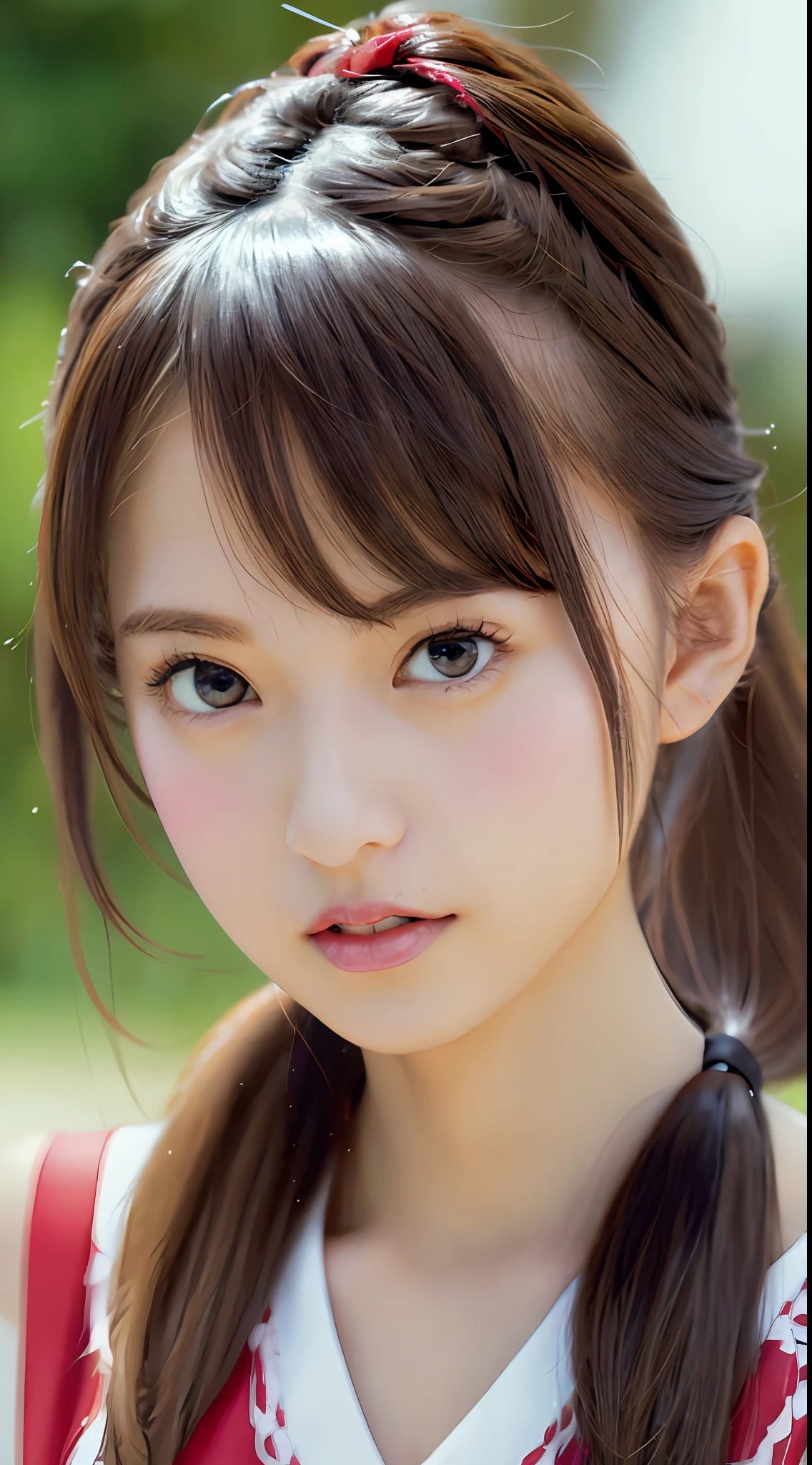 One beautiful girl, brown hair, long hair, hair tied back (ponytail), detailed eyes, large eyes, puffy eyes, fair skin, jeans outfit, red lipstick, sleeveless, clean neck, white skin, Japanese beauty, 20 years old, Airai, Asian beauty,