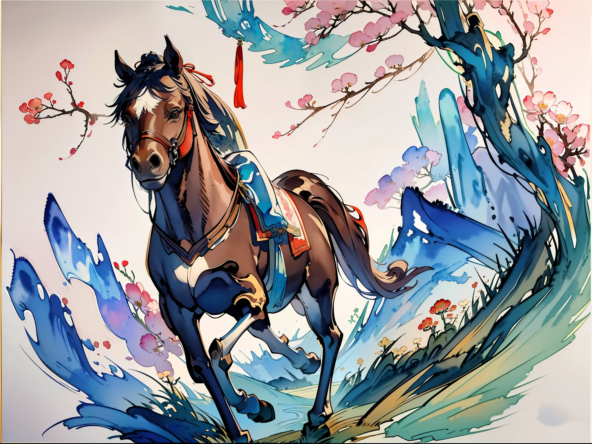 Illustration of a horse, illustration, (((close-up of the horse))), white horse, running, (((watercolor)), forest scene, forest background elements, sky, nature, flowers, Chinese painting style, Chinese watercolor style, traditional Chinese ink painting, traditional Chinese painting, Chinese ink painting, traditional Chinese art, Jin Yiwei