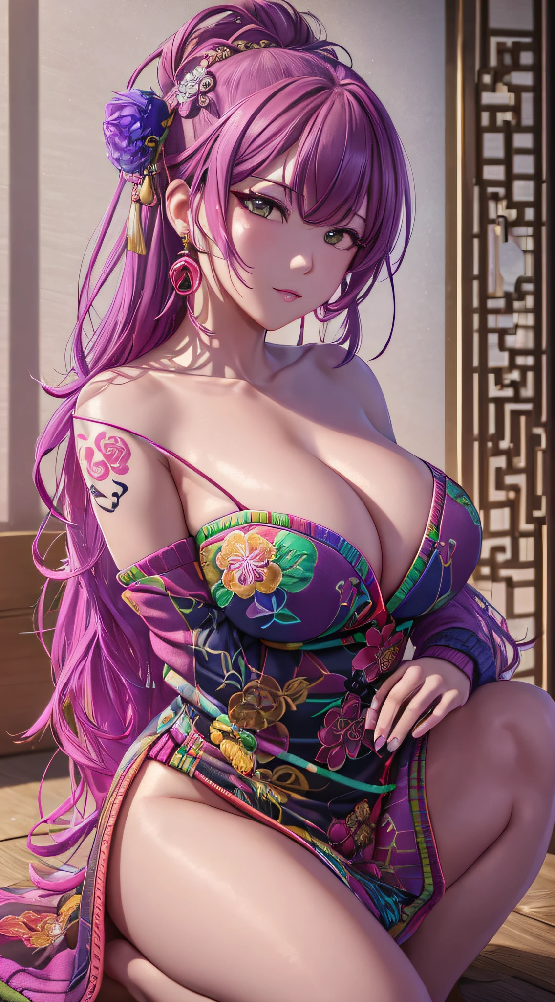nighttime,long shot,Genshin Impact:Yae Miko,Squatting,(((Wearing vibrant rainbow color scheme art, Suzhou embroidery technology; knitted sweater hole dress))),Masterpiece,best quality,official art,extremely detailed 3DCG unity 8k, ( ##tattoo ##,tattoo, ~+ tattoo), (erfect female curves, huge stacked breast and proud cleavage),(A seductive gaze), Facing the camera, Pink lips,Delicate fingers and hands,magic hour, Rembrandt lighting, front lighting and fill lighting, hard shadow, Arnold render,