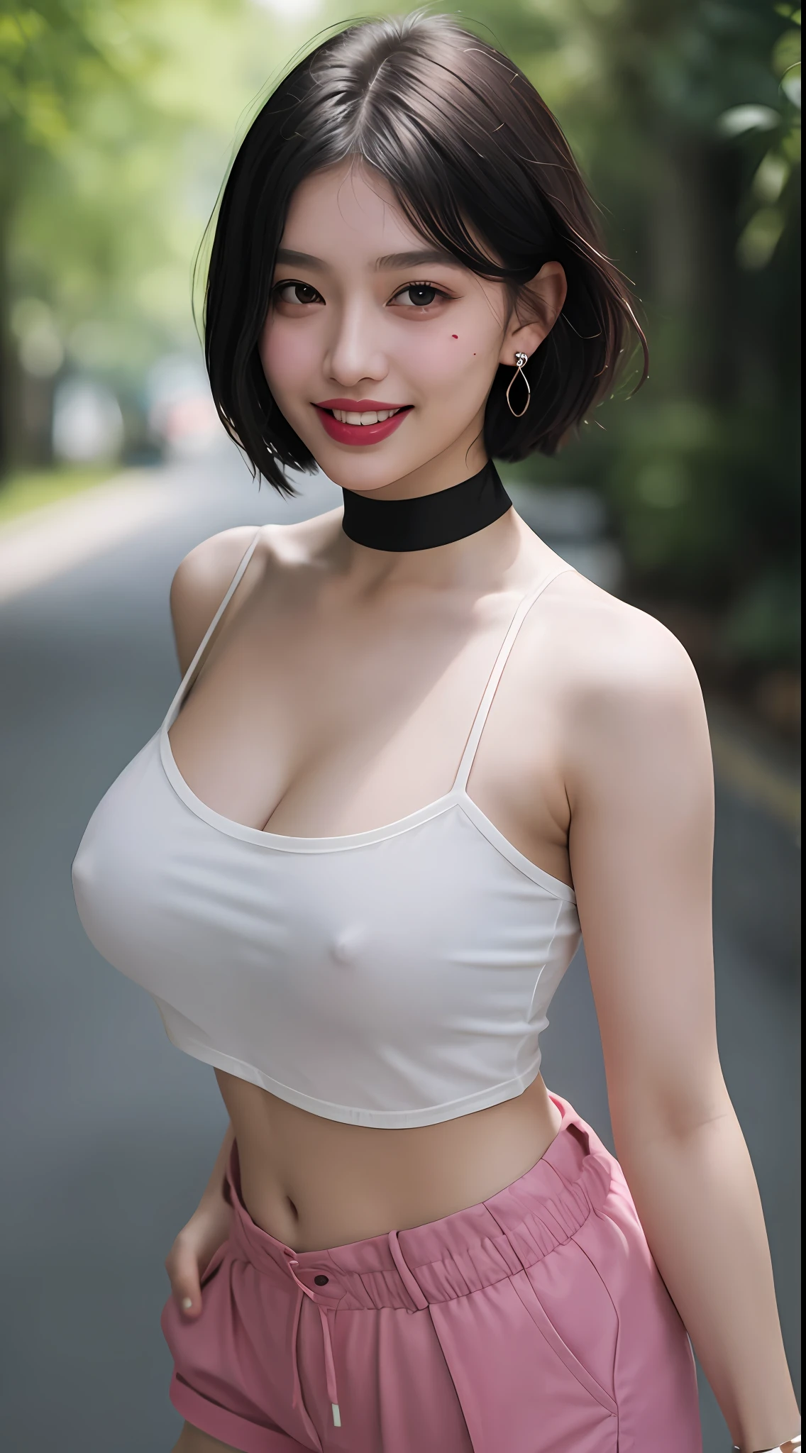 masterpiece, film grain, upper body photo of a Young girl in a white sheer fabric(short camisole), solo, hardnipples, absurdity, realistic(face, body, skin), (cute:1.35), cuties, (big breasts:1.275), detailed black eyes, innocent eyes, blusher, (bare shoulder), black choker, earrings, short hair, (messy bob hair), areola slip, areola slip out, Very Short Black Hot Pants, shiny pink lips, closeup, look at viewer, open lips, upper teeth, (smiling eyes:0.375), ((grinning:1.125)), depth of field, outdoors, cinema light, blurred background, eye focus, Bokeh, Professional Lighting, Portrait, Photon Mapping, Radiosity, Physically Based Rendering, soft light, (nsfw:1.1),
