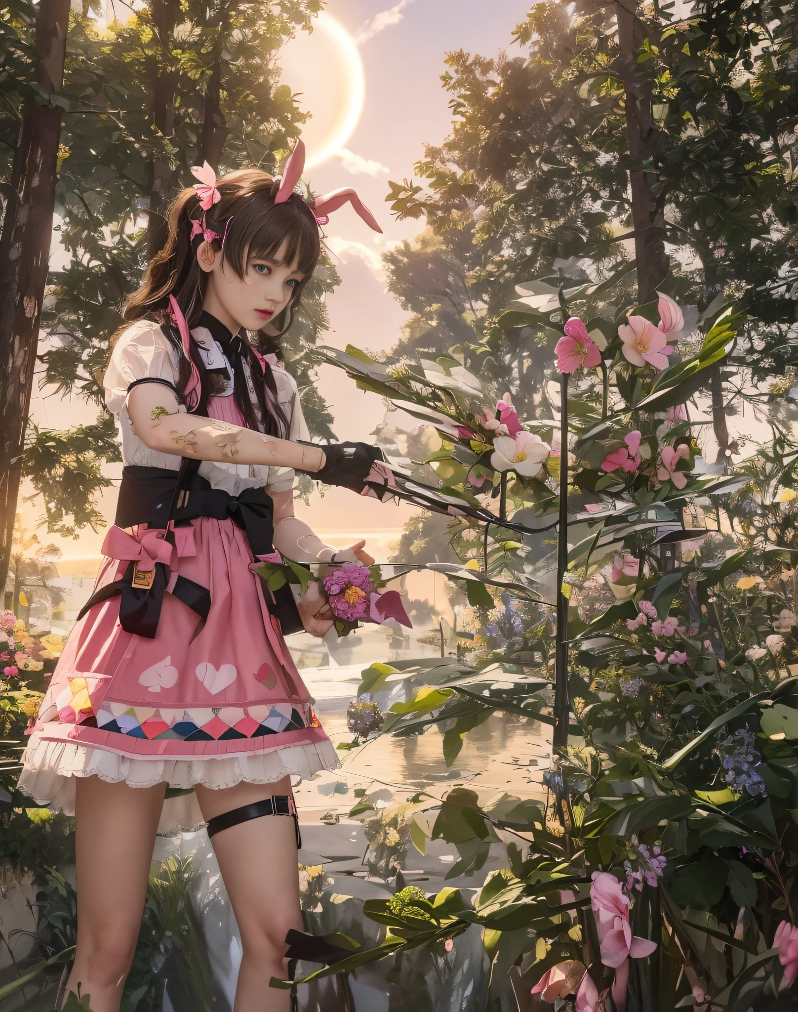 1girl, a Lolita girl, rabbit ears hairpin, pink skirt, collecting a bouquet of flowers, upper body, close-up, 8k, RAW photo, best quality, masterpiece, realism, realism, split bangs, long hair,