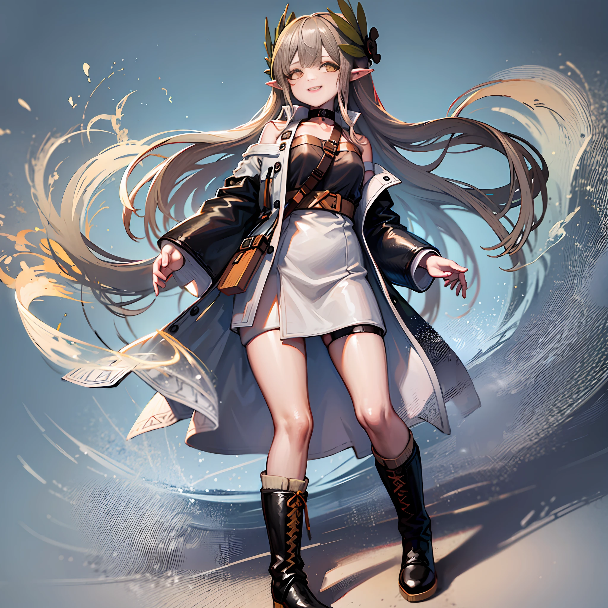 mumu, 1girl, solo, Close one eye, white background, fully body, Simple background, Coat, sskirt, mlong sleeves, boots, Black shoes, Open your clothes, Open coat, Black dress, looks at the viewer, White coat, smile, UHD, anatomically correct, super detail, high details, highres, 8k