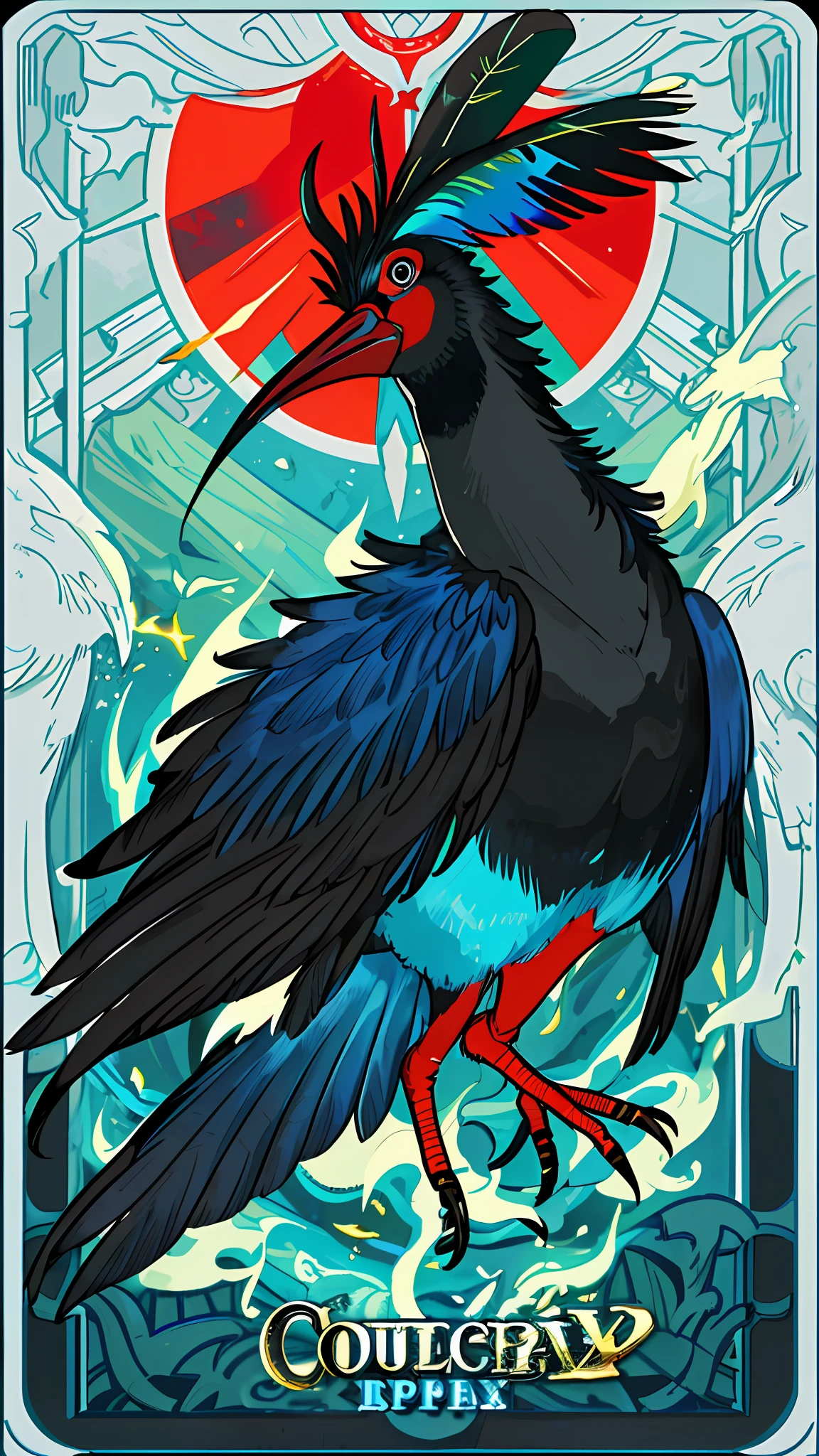 Create an AI-generated image showcasing a majestic Cassowary bird from Papua. The bird stands tall, its robust body covered in sleek, black feathers that glisten in the sunlight. Its distinctive red-blue neck, vivid and iridescent, catches the viewer's eye and adds a splash of vibrant color to the composition.

The Cassowary's strong and muscular legs are prominently displayed, emphasizing its powerful build and its characteristic ability to sprint with great speed. The bird's large, clawed feet, ideal for navigating the dense foliage of its habitat, are portrayed in intricate detail.

The body of cassowaries is oval with long featherless neck.