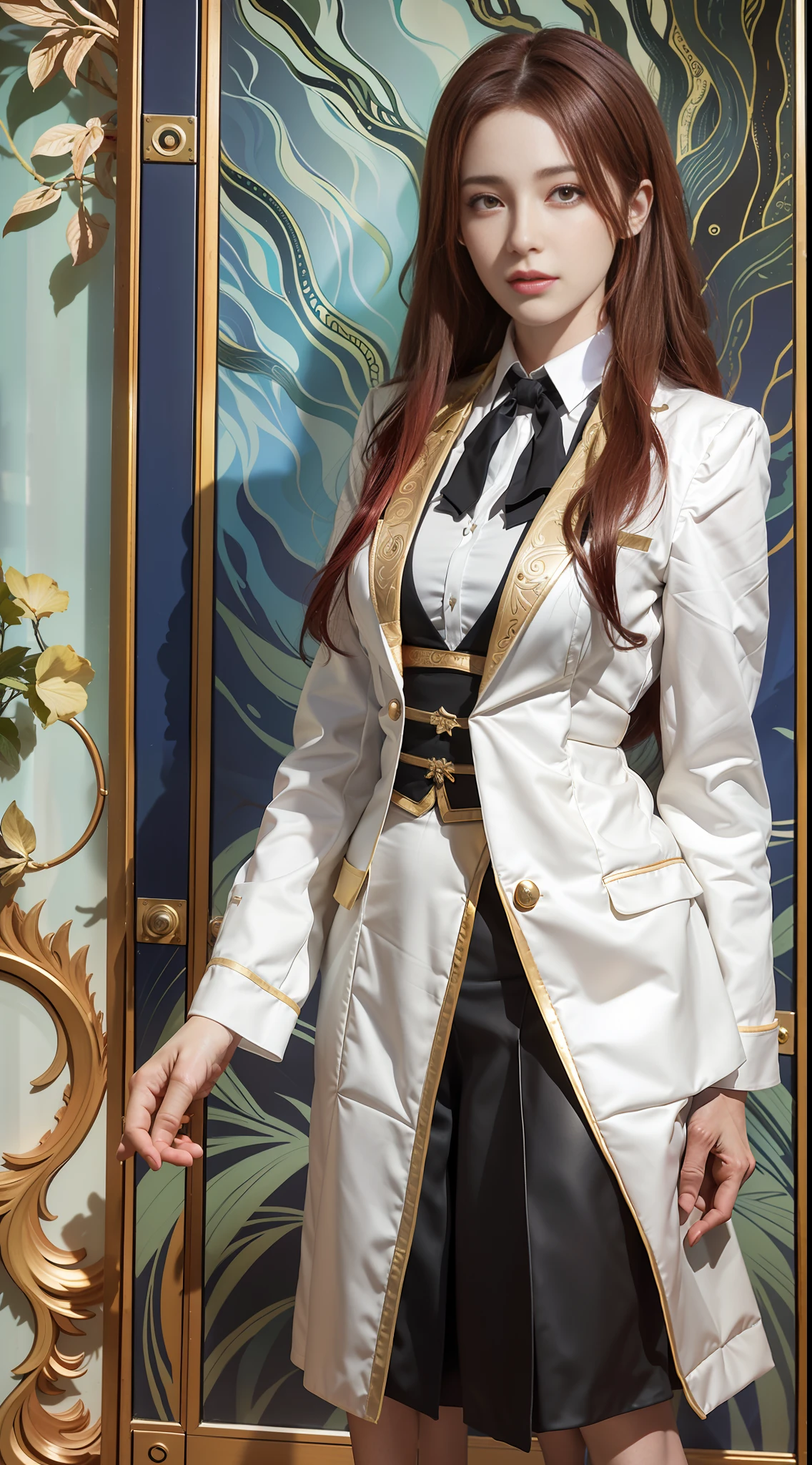 Surrealistic female portraits by David Hockney and Alphonse Mucha, fantasy art, photorealism, dynamic lighting, artstation, poster, volumetric lighting, very detailed faces, 4k, award-winning, 1girl, cowboy shot, (flight attendant uniform: 1.4), long hair, red hair, terminal, medium chest, full body, full body shot