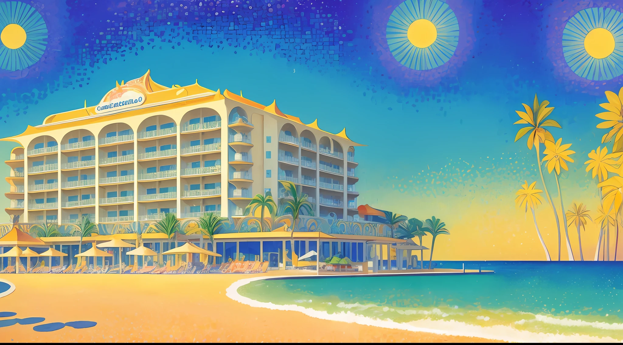 (art by Henri-Edmond Cross), retrofuturistic sunny hotel resort near beach, high details, high resolution, HD,