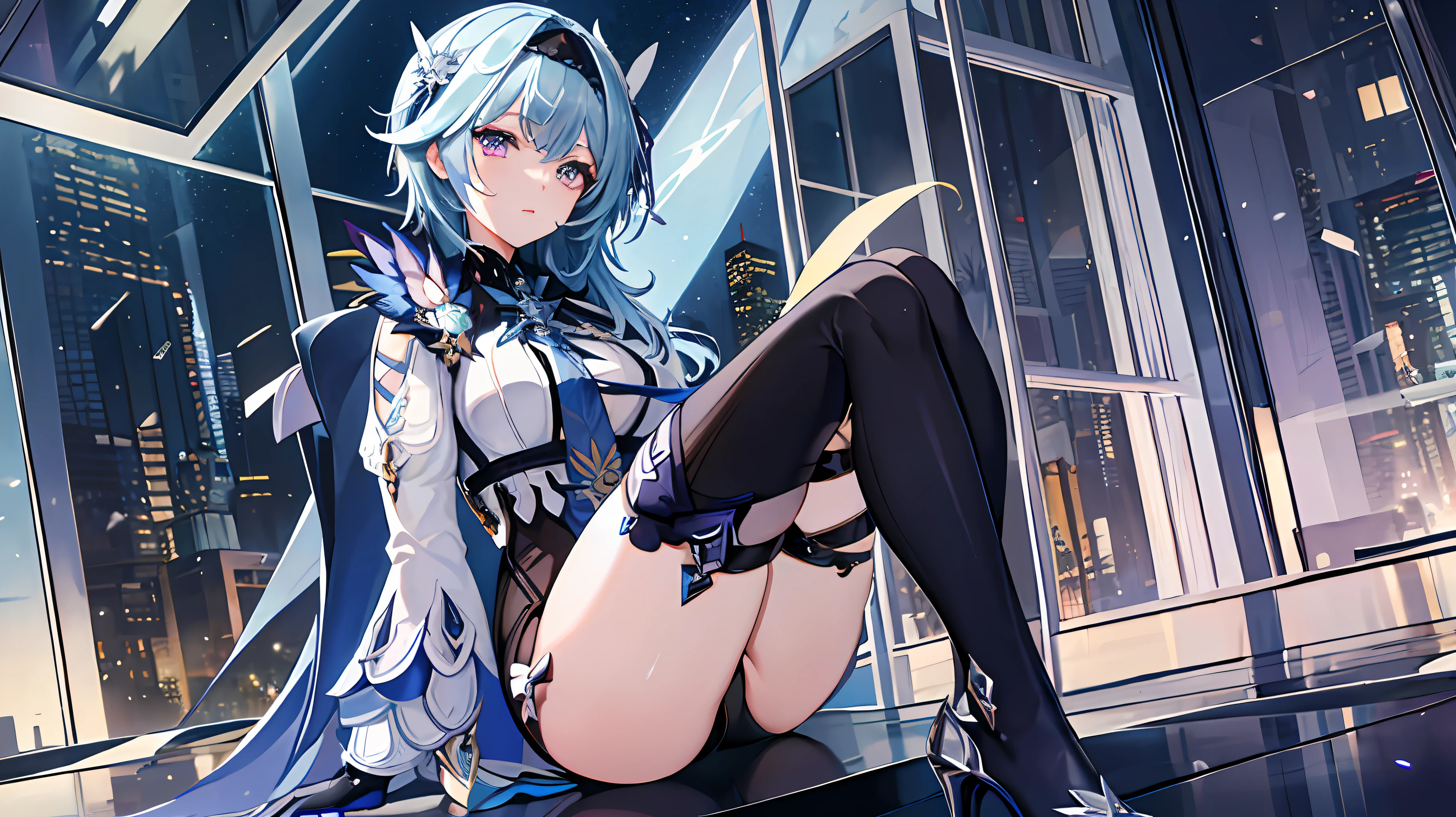 (Masterpiece, best quality 1.2), euladef, solo, blue hair, blue tie, purple eyes, sea of stars, reflection, looking at the audience, beautiful, black stockings, high heels, beautiful (detailed eyes, detailed face 1.3), nswf