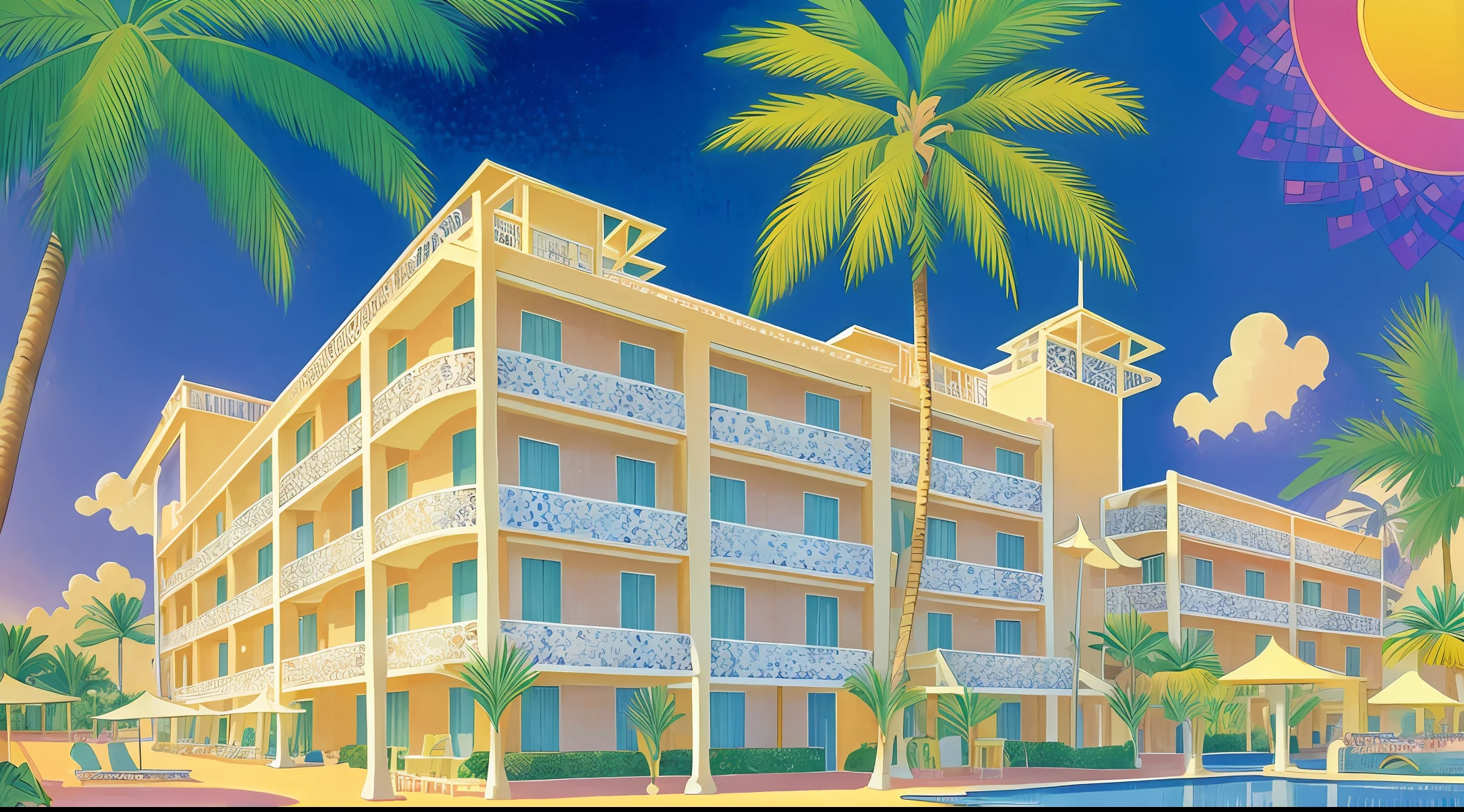(art by Henri-Edmond Cross), retrofuturistic sunny hotel resort near beach, high details, high resolution, HD,