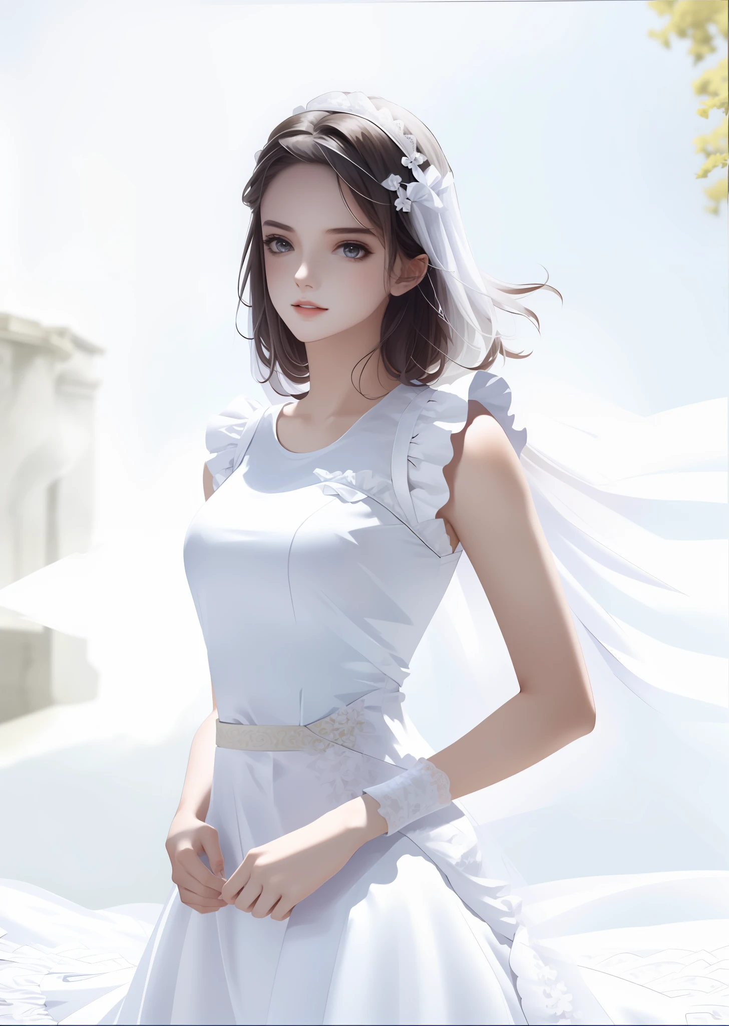 Girl in white dress and white lace collar,!! Full body portrait!!, inspired by Knight Lee, full body! , full body !!, frilled ((lace)), clear clothing design, Nico in white dress, maiden, in the art style of Bovot, Yandere is intricate