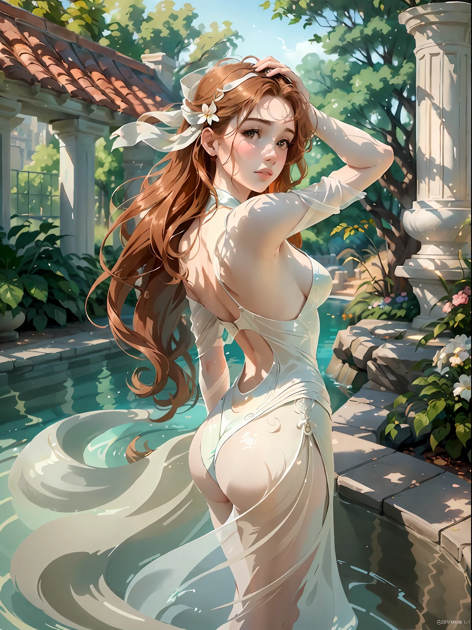 An artistic depiction of a serene scene by the poolside, featuring a beautiful Caucasian girl striking a pose. The girl's porcelain skin glows in the warm sunlight, her auburn hair flowing freely. She wears a flowing, ethereal white dress that dances with the wind. The pool area is adorned with elegant sculptures and colorful flowers, creating an atmosphere of sophistication and tranquility. The image is rendered in a dreamy watercolor style, with soft pastel hues and gentle brushstrokes that evoke a sense of calm and serenity.