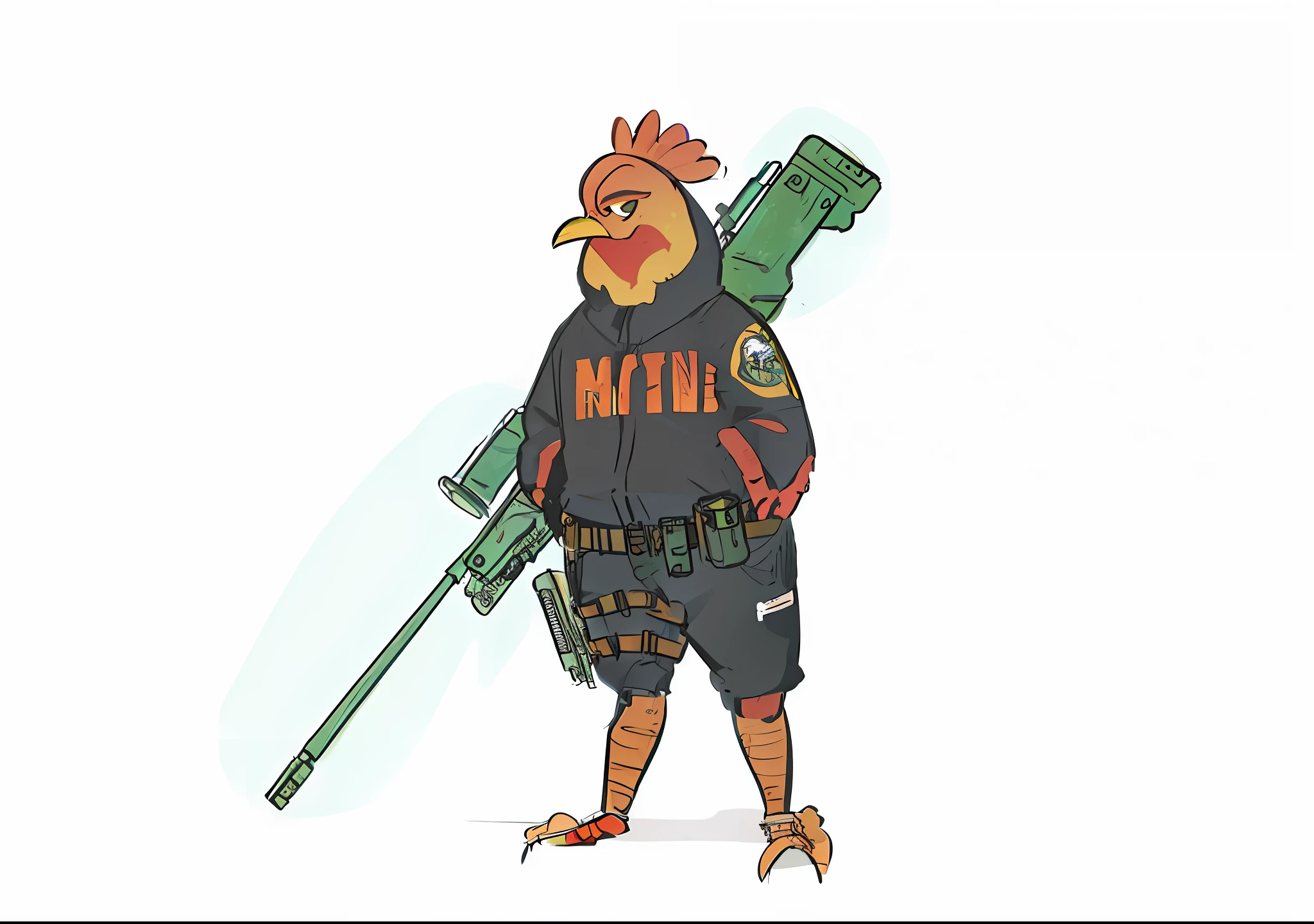 cartoon of a chicken with a gun and a gun in its hand, video game character concept, character design police man, unrealistic character concept, anthropomorphized chicken, character design contest winner, mascot illustration, game character concept art, character design concept, game character design, full body character concept, full body concept, comic character design, character design police man!!