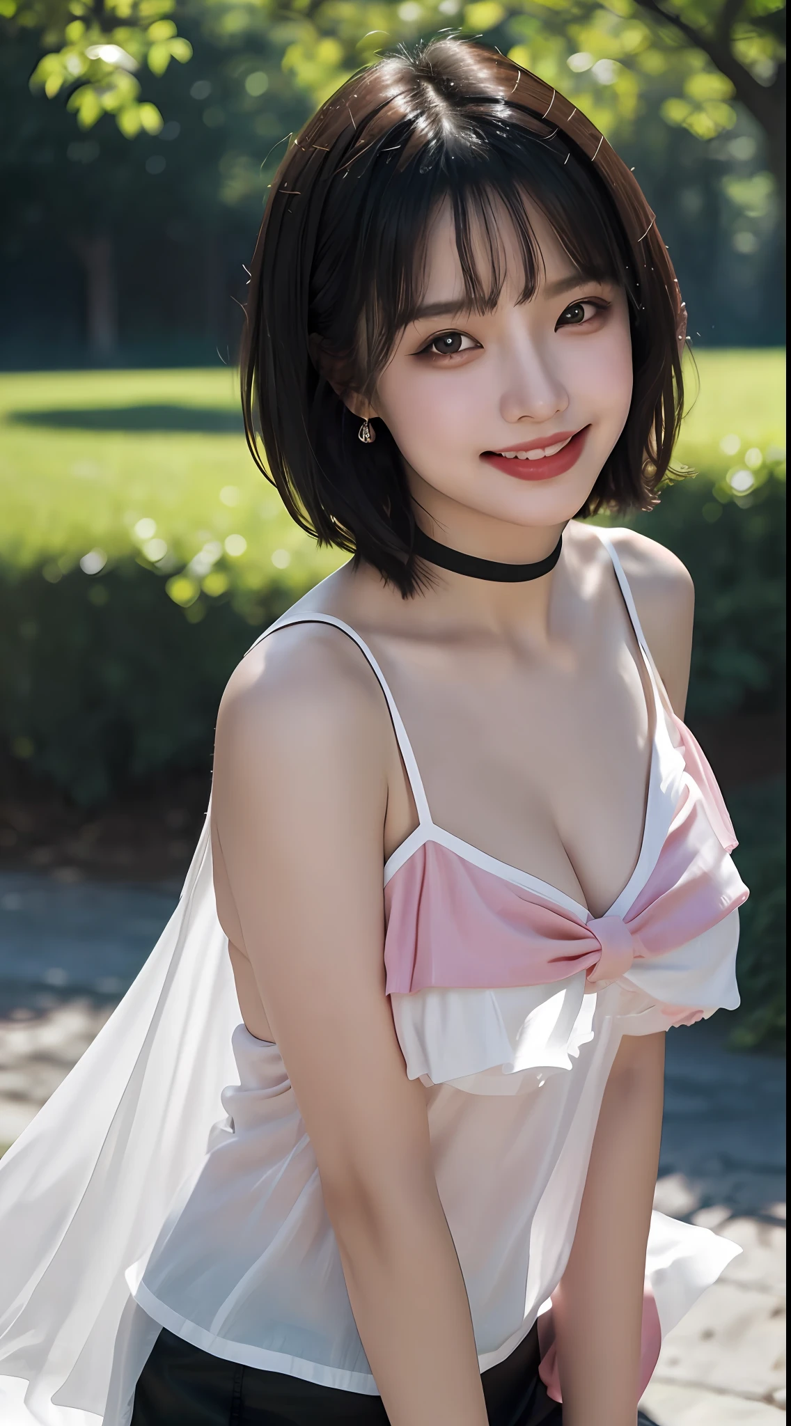 masterpiece, film grain, upper body photo of a Young girl in a white sheer fabric(short camisole), solo, ((hardnipples)), absurdity, realistic(face, body, skin), (cute:1.35), cuties, (big breasts:1.275), detailed black eyes, innocent eyes, blusher, black choker, earrings, short hair, (messy bob hair), areola slip, areola slip out, Very Short Black Hot Pants, shiny pink lips, closeup, look at viewer, open lips, upper teeth, (smiling eyes:0.375), ((grinning:1.125)), depth of field, outdoors, cinema light, blurred background, eye focus, Bokeh, Professional Lighting, Portrait, Photon Mapping, Radiosity, Physically Based Rendering, soft light, (nsfw:1.1),