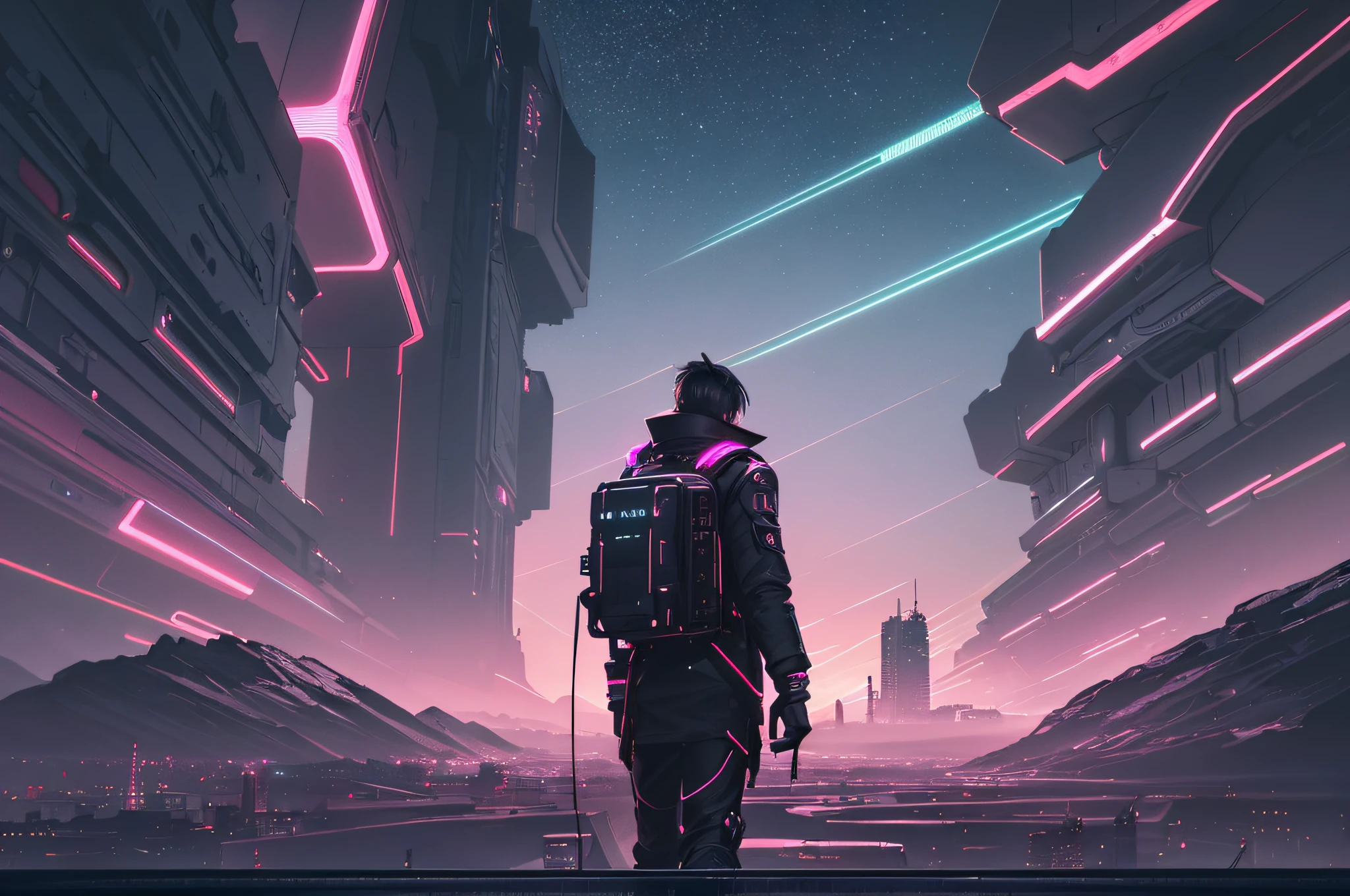 Vast landscapes, (masterpiece, top quality, best quality, official art, beauty and aesthetics: 1.2), neon lighting, (vibrant glow: 1.2), dynamic colors, striking contrasts, futuristic atmosphere, electrical energy, reflective surfaces, (cityscape: 1.3), futuristic era, dystopian aesthetics, steampunk city, man with backpack walking through the city, 8k