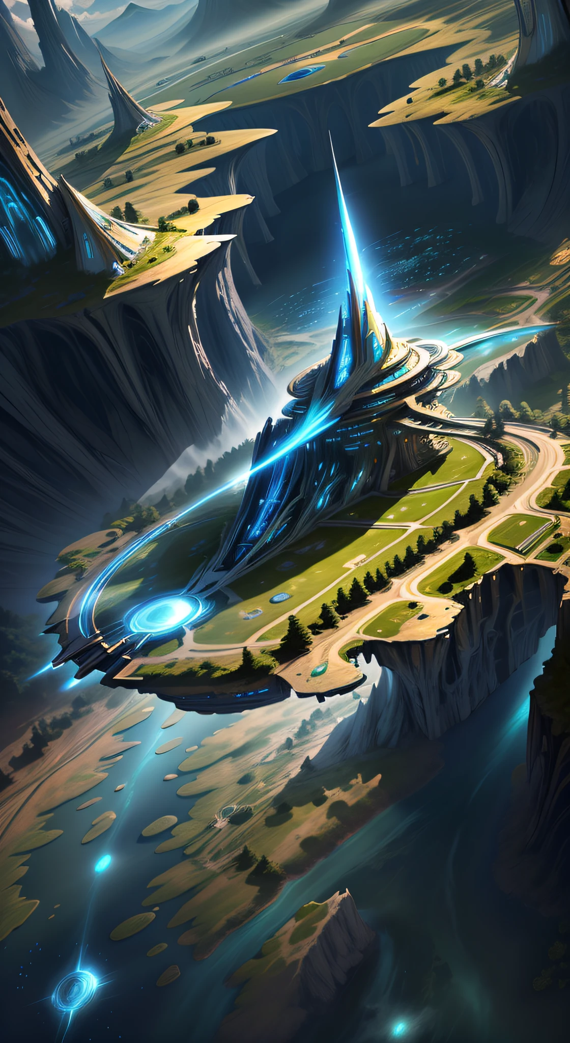 (lake in the middle), ProtossAI, no one, technology, close-up, sci-fi scenes,