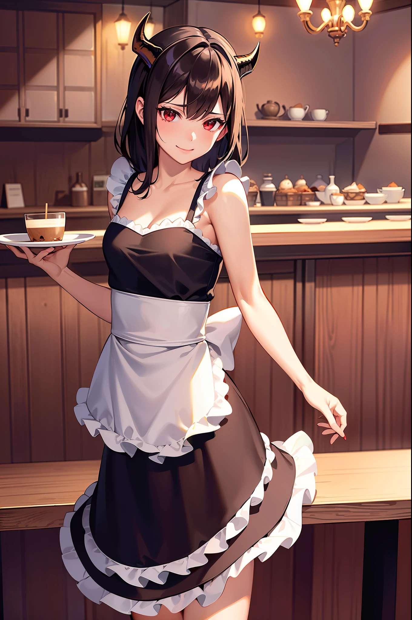 ultra realistic 8k cg, masterpiece, ((ultra detailed background, delicate pattern, intricate detail)), (highly detailed, fine details), best quality, 1girl, (photorealistic:1.4), beautiful lighting, RAW photo, film grain, ((medium breasts, slim girl)), Baccarat, Nero, 1girl, short hair, solo, horns, black hair, red eyes, collarbone, closed mouth, bare shoulders, (demon horns), hair between eyes, cleavage, indoor, ((cafe)), maid cafe, cowboy shot, small breasts, slim girl), small horn, maid, (maid dress), meidofuku, cafe, smile, happy face, approne, skirt, pleated skirt, glove, stocking, shoes, indoor, table drink, food,