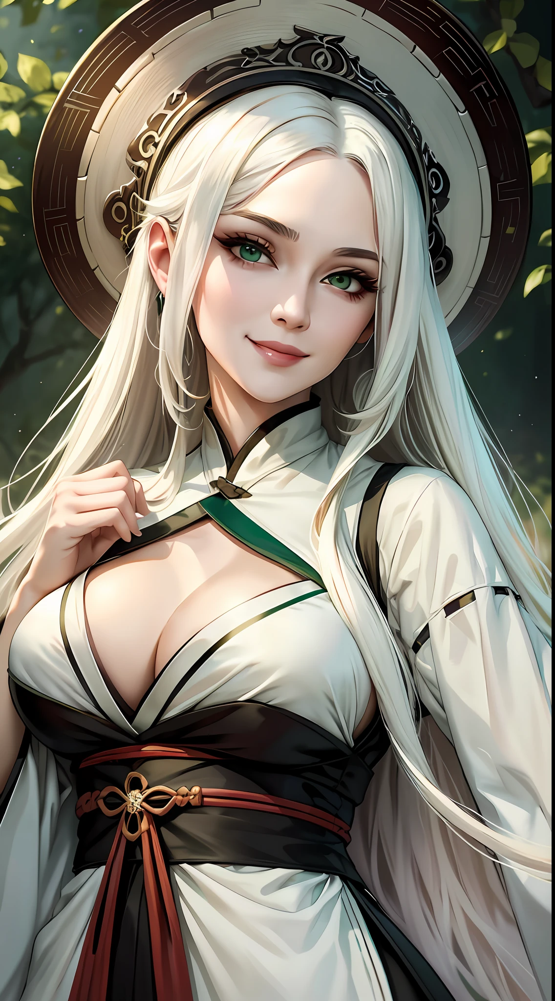 Adult woman, long white hair, green eyes, wide neckline, plunging neckline, smile, hanfu, masterpiece, high quality