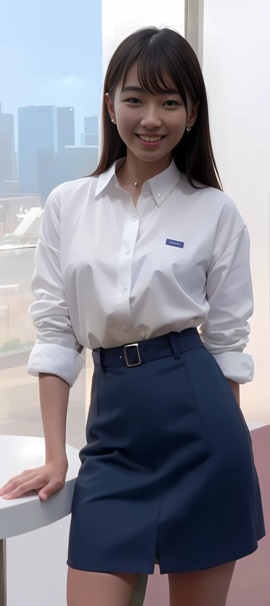 (A cocktail), (skin blemish:1.2), (skindentation), black eye, 1woman, 25yo, (((woman))), solo, realistic, best quality, photorealistic, masterpiece, 8k, high res, solo, extremely detailed face, (professional lighting, bokeh), (light particles, lens flare, glowing particles:0.6), (dynamic pose:1.2), soft lighting, top angle view, fashionable and trendy atmosphere, cafe, Singapore, ((daytime)), sky, ((looking at the viewer:1)), (looking at the camera),(portrait:0.6), secretary, sitting and drinking the cocktail, gorgeous, keep original facial proportion, full body, (small breast), (long hair), black hair, floating hair, lips, lipstick, seductive smile, floating hair, smile, open_mouth, teeth, (white shirts), (navy skirt), eyelashes, mole, (mole under eye:1),