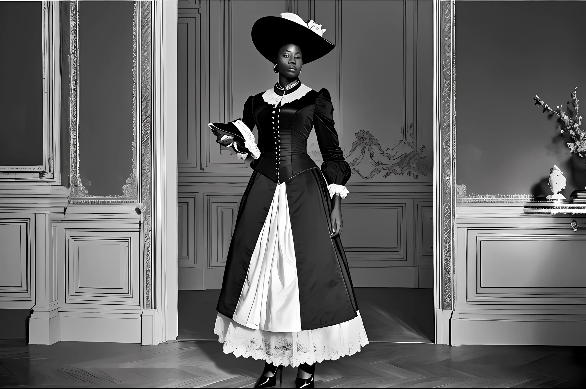 realistic black and white image depicting a very beautiful black woman with an expressive look, clothes, shoes and hat that were befitting the elite of the eighteenth century in a luxurious room. Serene and discreet bearing. His expression exudes strength. is standing with a firm posture that demands the eighteenth century --auto --s2