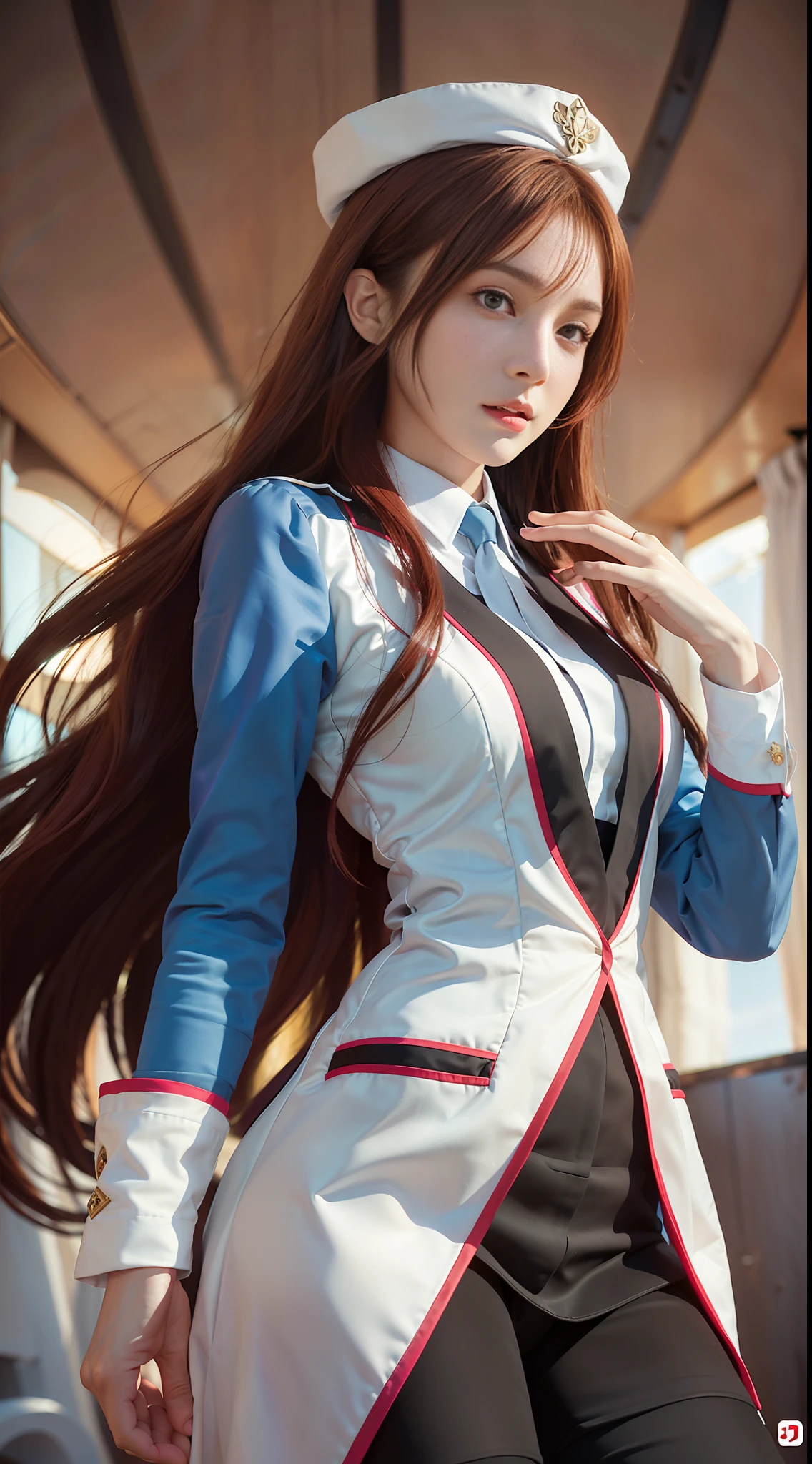 Surrealistic female portraits by David Hockney and Alphonse Mucha, fantasy art, photorealism, dynamic lighting, artstation, poster, volumetric lighting, very detailed faces, 4k, award-winning, 1girl, cowboy shot, (flight attendant uniform: 1.4), long hair, red hair, terminal, medium chest, full body, full body shot